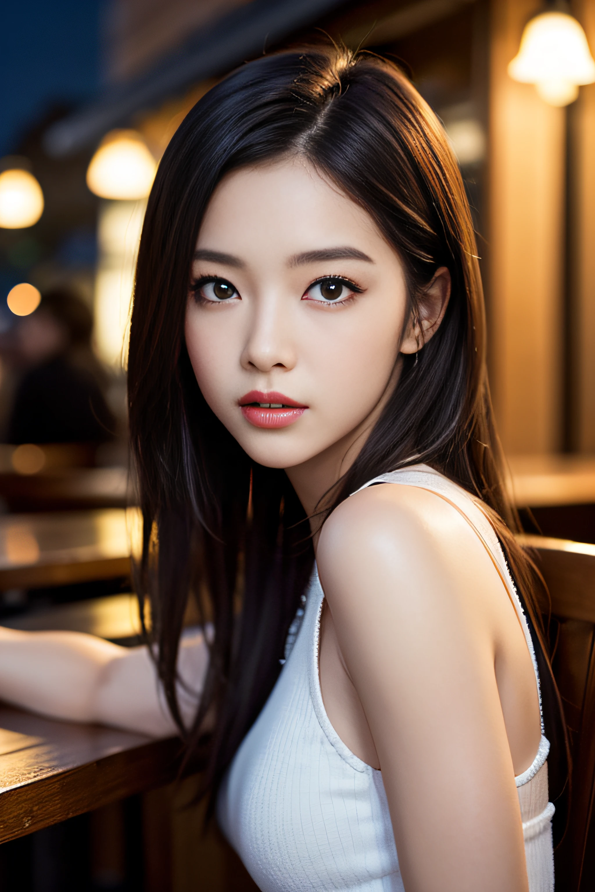 1girl in、(mid night)、Beautiful sky、cafes、sitting on、(beautiful and detailed face:1.3)、Textured skin、lighting like a movie、Sleeveless