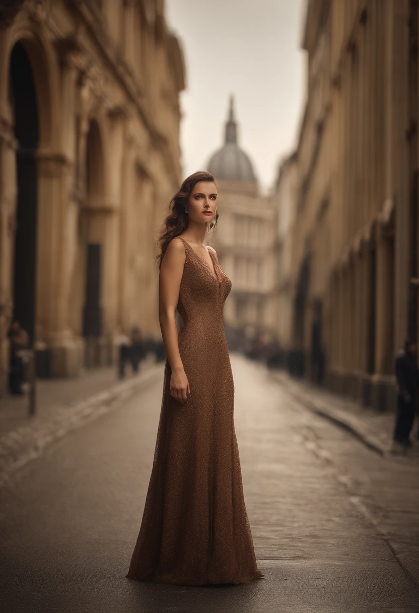 High-resolution illustrations, unrivalled masterpiece, ultra-realistic 8k CG, perfect artwork, (fidelity: 1.5), Photography study, British royalty, ((night)), cloudy, ((young British royalty woman)), (((solo))), wet hair, brown hair, curly hair, blue eyes, huge tits, big ass, natural makeup, ((Gucci Dress, high heels)), character in the middle, standing, background study