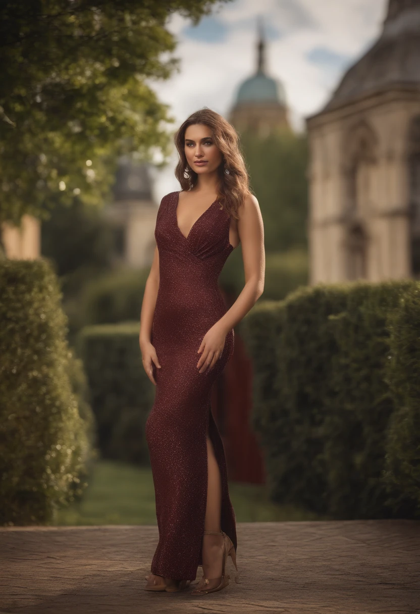 High-resolution illustrations, unrivalled masterpiece, ultra-realistic 8k CG, perfect artwork, (fidelity: 1.5), Photography study, British royalty, ((night)), cloudy, ((young British royalty woman)), (((solo))), wet hair, brown hair, curly hair, blue eyes, huge tits, big ass, natural makeup, ((Gucci Dress, high heels)), character in the middle, standing, background study
