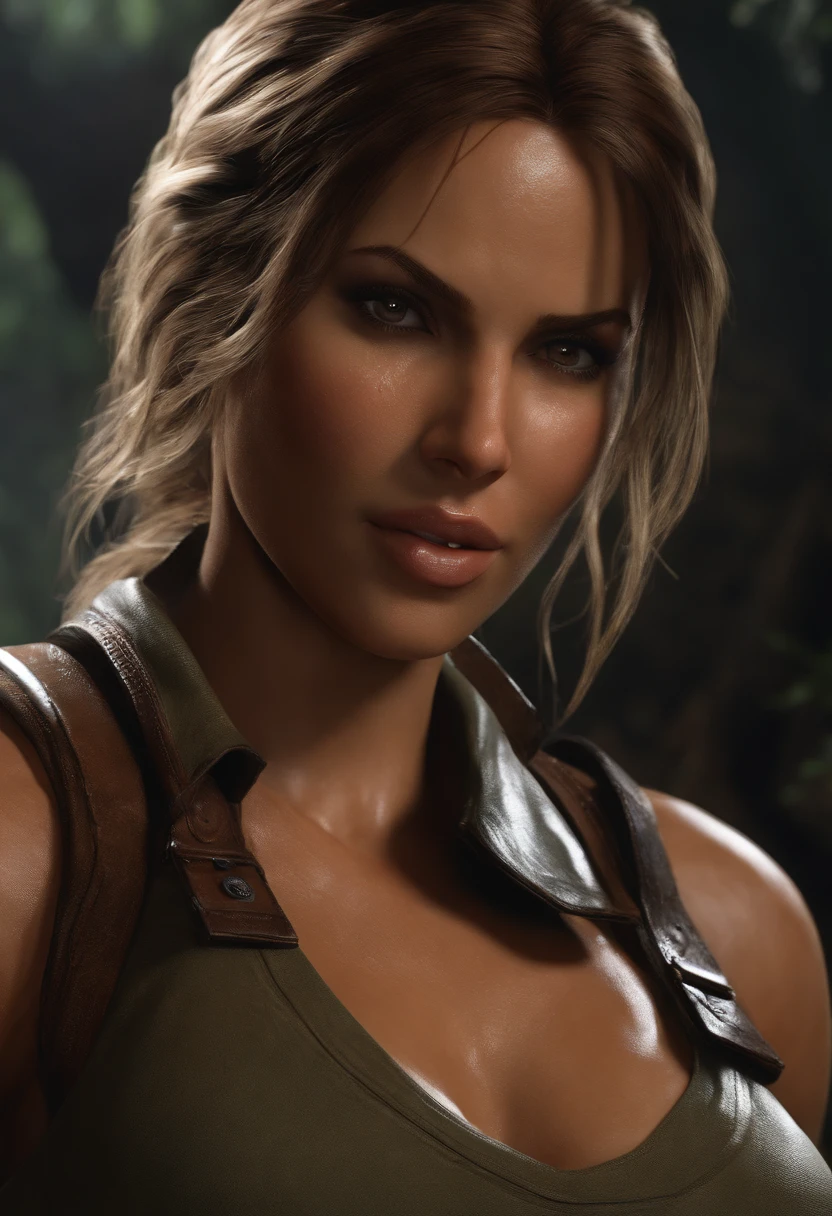 ((NSFW)) close-up of a woman, reminiscent of Lara Croft from Shadow of the Tomb Raider, sexy body revealed in wet clothes with ((no top, breasts subtly visible)), backpack at her side. Lara Croft's portrait in Unreal Engine 5, beautiful character design, small yet powerful figure, tomb raider setting. Unreal Engine 5 tech demo showcasing female lead character's hyper-realistic graphicS, Brittney Atwood's likeness as Lara Croft, cinematic visuals that bring the tomb raiding experience to life. Detailed and lifelike, this portrait encapsulates the essence of Lara Croft's strength and allure.