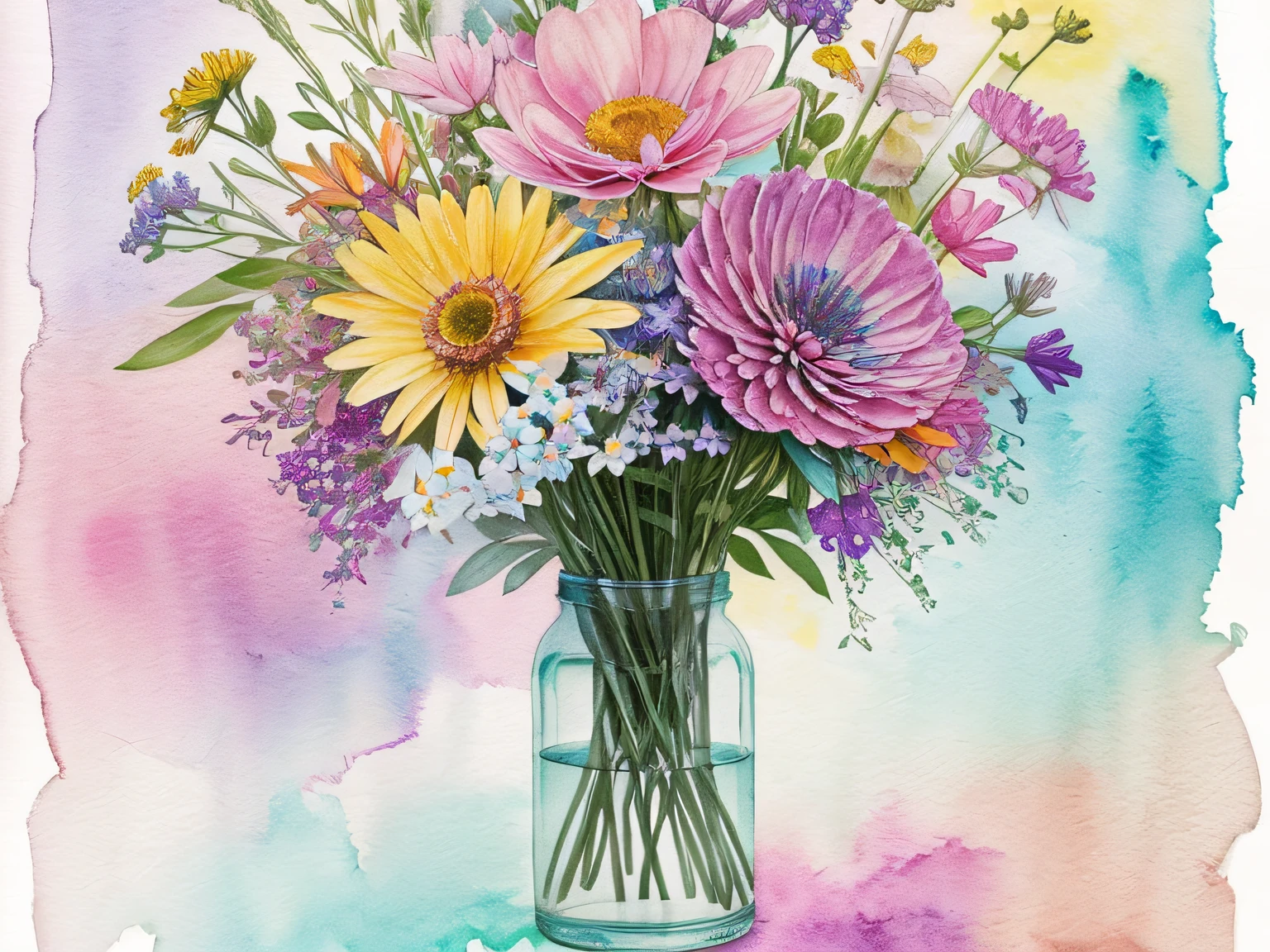 Mixed media photography, fusing photography and watercolor painting, featuring a delicate bouquet of vibrant wildflowers, combining organic shapes and glitch lines, with a palette of pastel hues and soft washes of color.