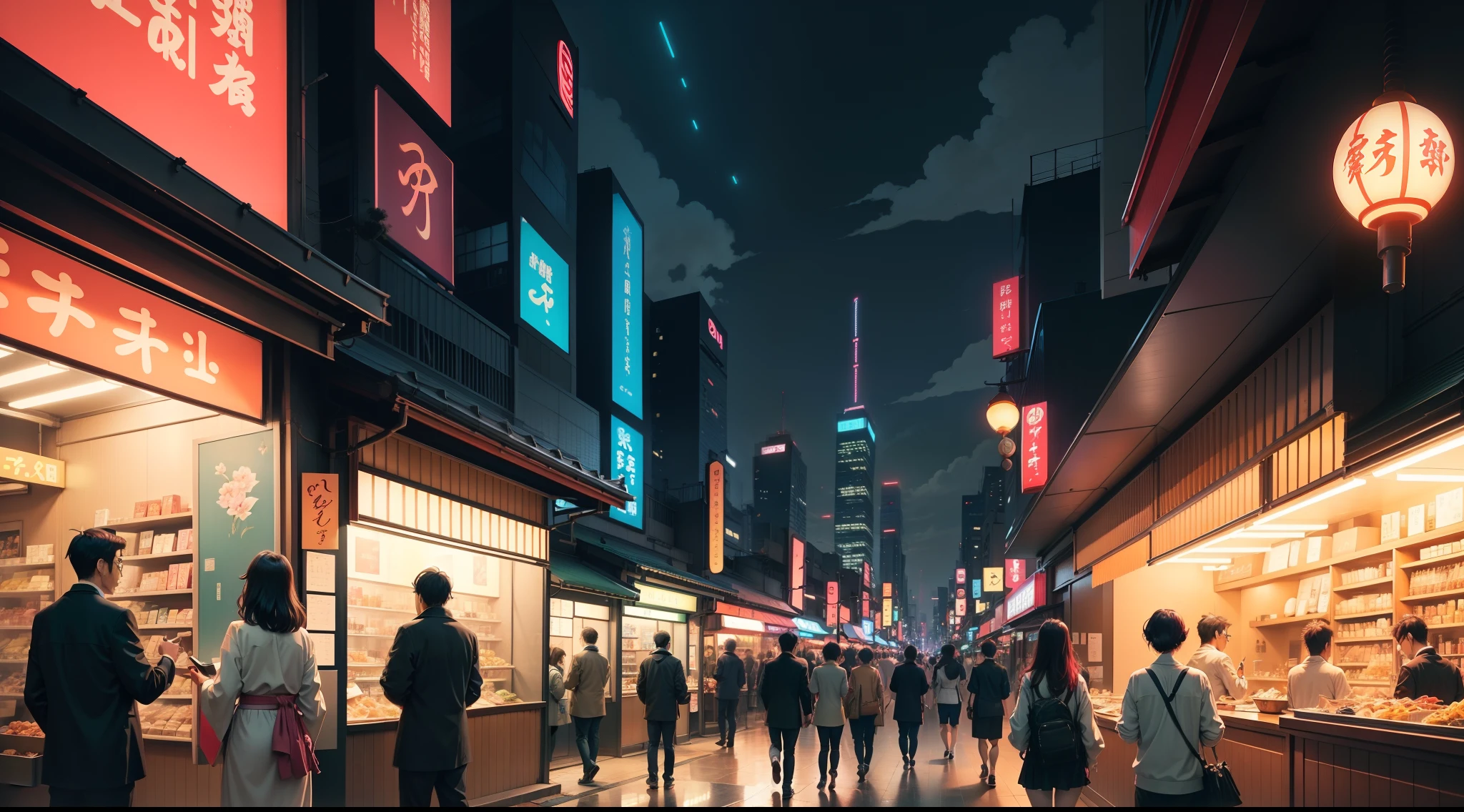 People walking down a busy street at night in a city - SeaArt AI