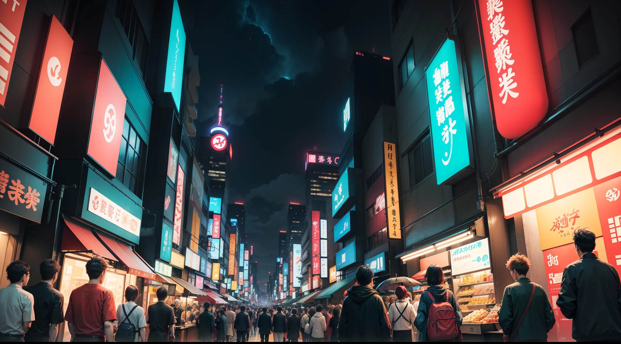 Create vibrant and aesthetically pleasing AI-generated anime art, Depicting vast modern Japanese cityscapes. The focus is on hilarious scenes, Countless detailed groups of people in it act in an urban environment. The city will feature futuristic architecture, towering skyscrapers, Neon-lit streets and a touch of traditional Japan. Pay attention to this, The color palette and lines are in keeping with the classic anime style, Capture the harmony between the hustle and bustle of the city and the beauty of Japanese culture