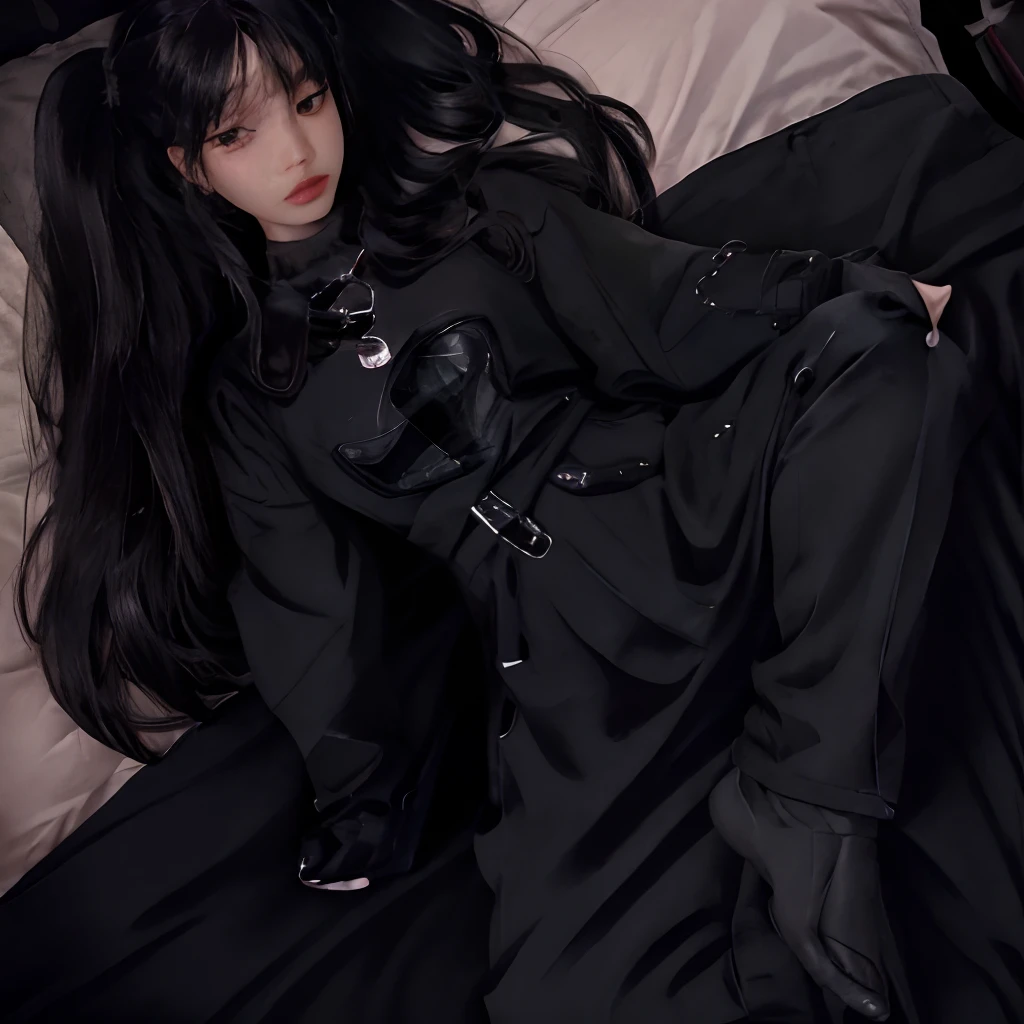 masterpiece, best quality,realistic,absurdres,1girl,looking at viewer,long hair,egirl_outfit,egirl_face, night, black hair, bedroom, face detail, face retouch, beautiful lighting, lying on bed, full body shot, full body view, full body, twintails, black clothing,