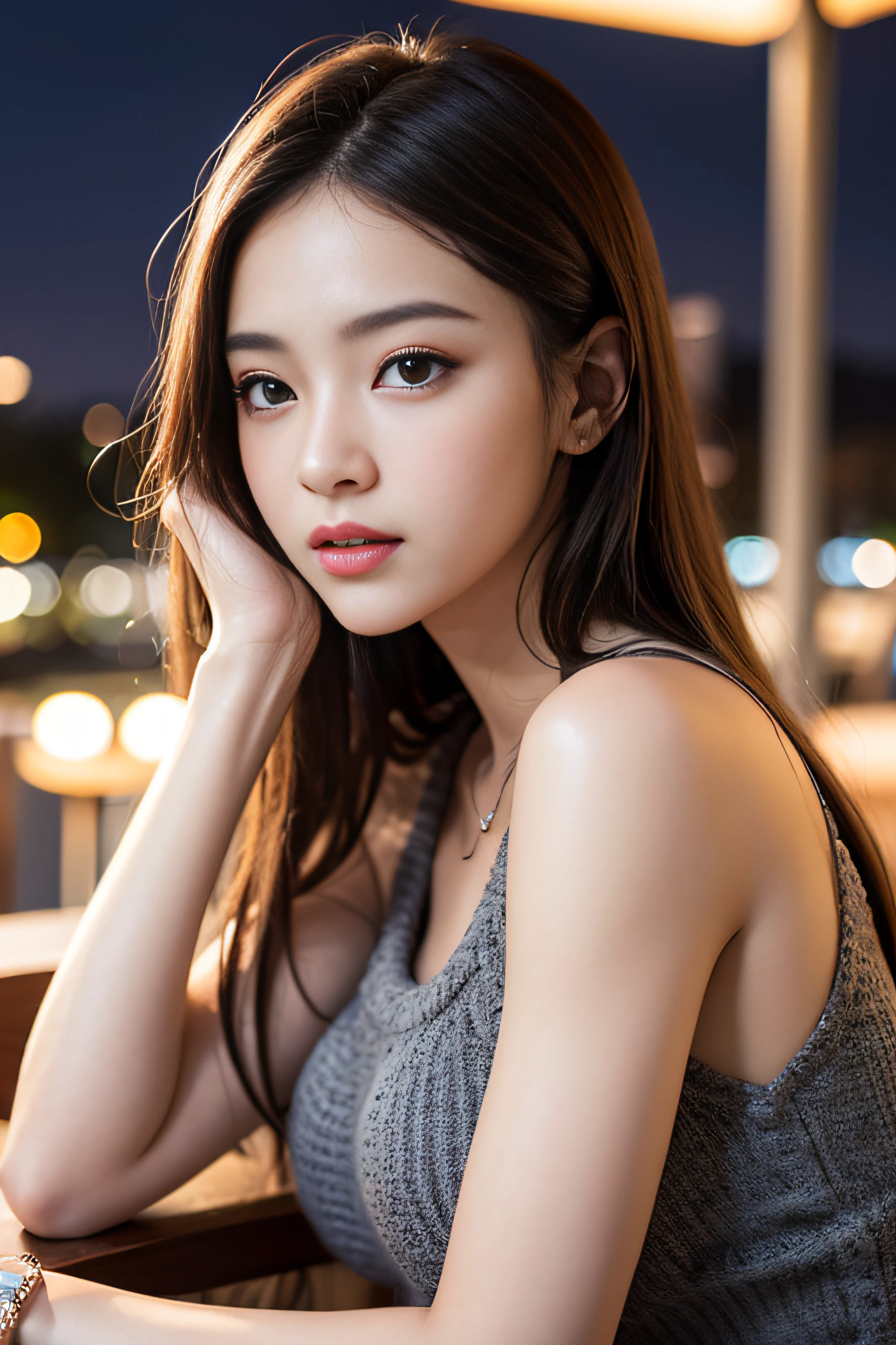 Realistic photos of (1 cute Korean star) medium hair, thin makeup, 32 inch breasts size, wearing pink tank top on the stone bridge, night, moonlight is backdrop,, close-up portrait, UHD