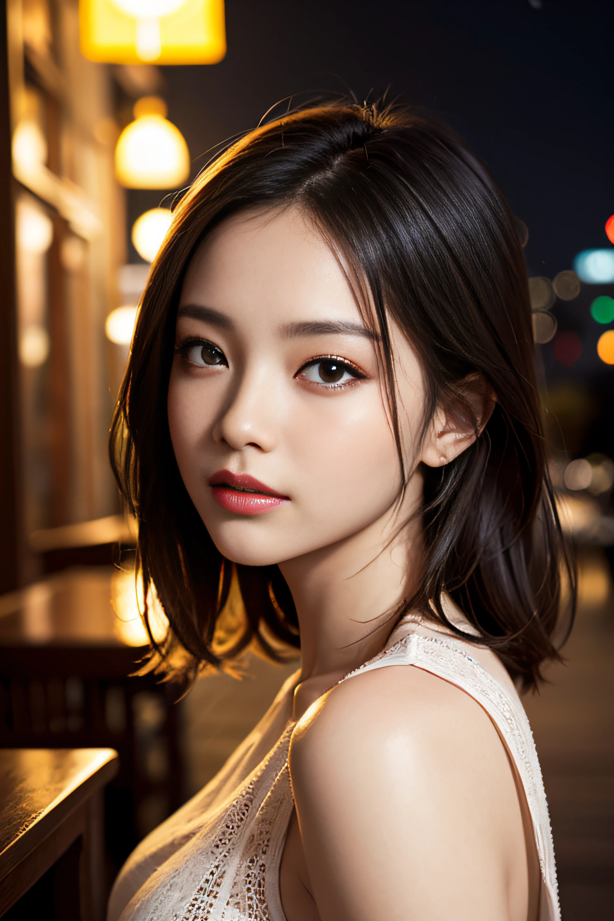 1girl in、(mid night)、Beautiful sky、cafes、sitting on、(beautiful and detailed face:1.4)、Textured skin、lighting like a movie、Sleeveless