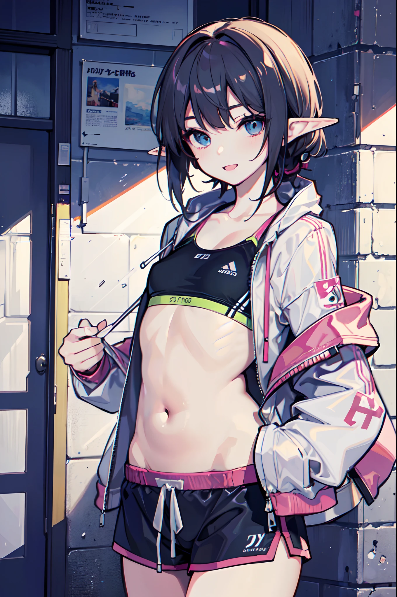 (Best quality, high quality:1.1), (masterpiece:1.1), (loli, very young girl:1.1), sexy, very small breasts, flat chest, oversize jacket, sports bra, shorts, (wink, winking:1.1), elf, oversized clothes, trendy clothes, very happy, beautiful body, Hi-Tech, Modern Fashion, very athletic, highly detailed eyes, best quality eyes, very beautiful hair, perfect anatomy, perfect body, amazing body, realistic light, high quality shadows, 4k Resolution, High-Res, Ultra HD, RTX on, soft illumination,