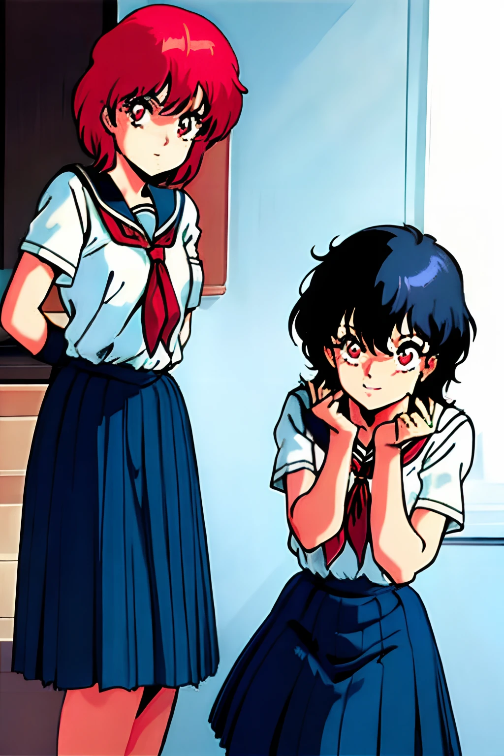 1980s \(style\), (masterpiece, best quality:1.3), 1girl, black hair, Short Hair, Red Eyes, Cute, school uniform