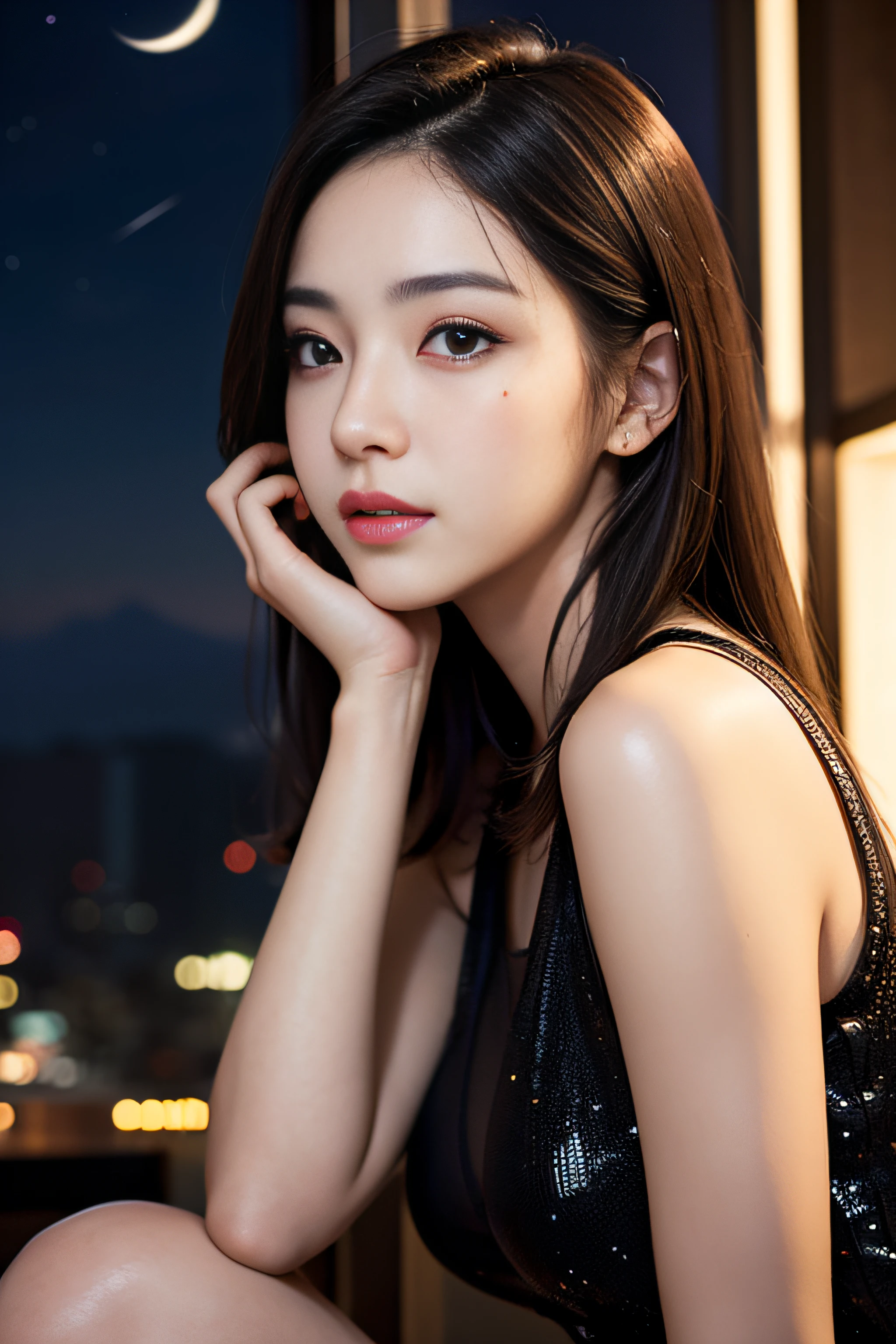 1girl in、(mid night)、Beautiful sky、cafes、sitting on、(beautiful and detailed face:1.4)、Textured skin、lighting like a movie、Sleeveless