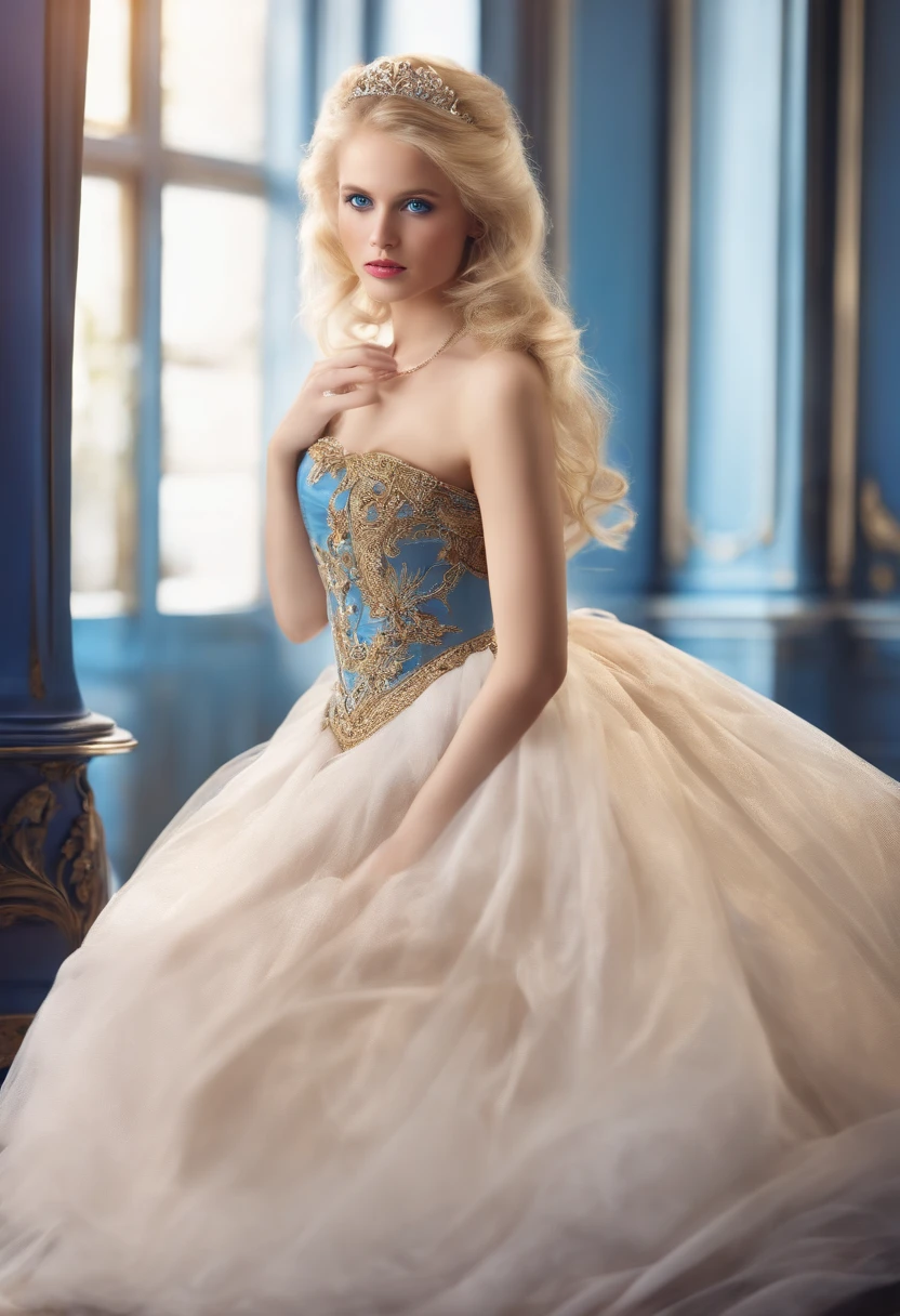 young princess, blond, ideal body, blue eyes, stockings