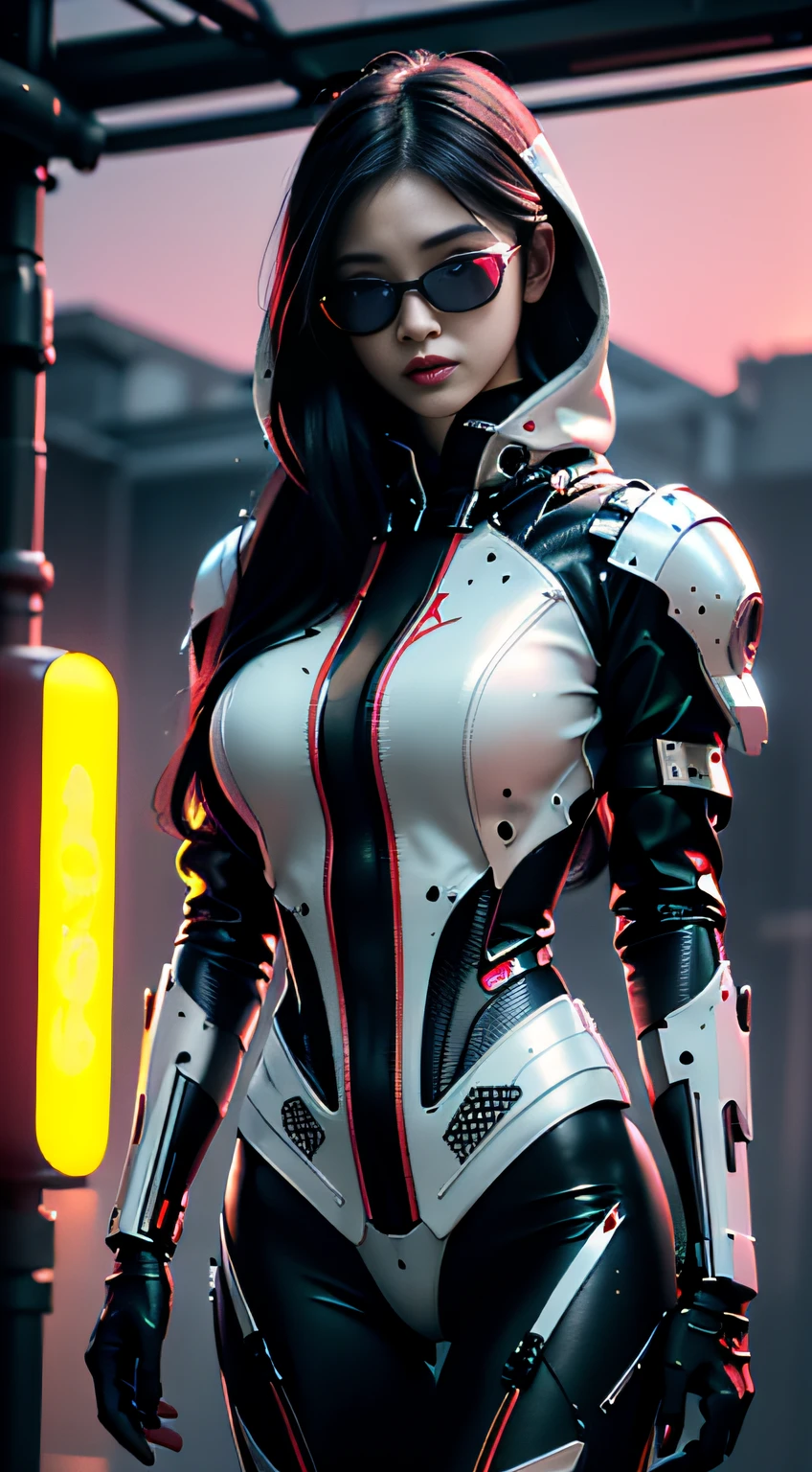 derpd, lethal geisha cyborg assassin wearing hooded white kimono & armor, futuristic ski sunglasses, danger, red-yellow sky, post apocalyptic art, neon horror, sci-fi, glitchcore, cgsociety, modern european ink painting, androgynous, mixed media, dystopian art, black and Neon cosmic art, analog horror, nightmarefuel, space punk, glitchcore, hauntingly beautiful, beautifully ominous. A world class female cyborg in stunning HD, world class art, unique, modern masterpiece, exceptional, exquisite, dark fantasy, apocalypse art, calotype