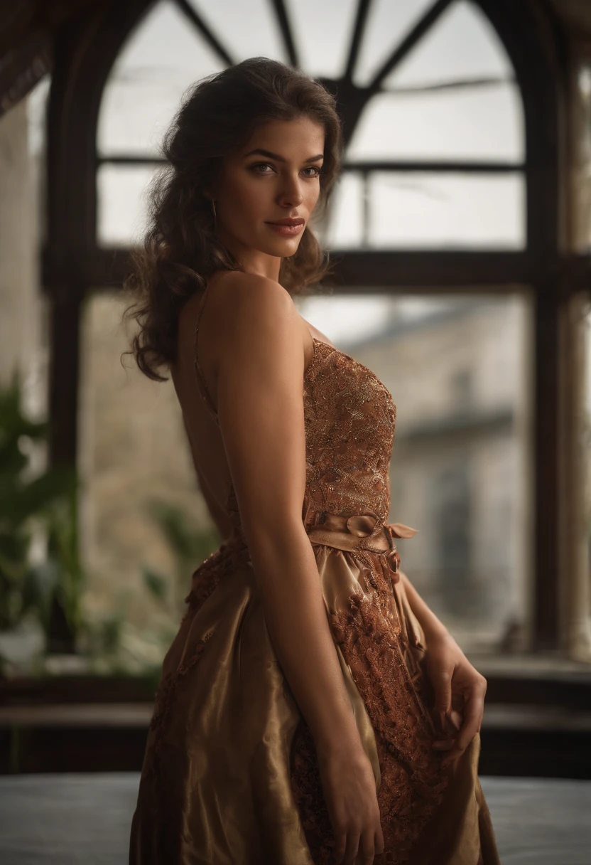 High-resolution illustrations, unrivalled masterpiece, ultra-realistic 8k CG, perfect artwork, (fidelity: 1.5), Photography study, British royalty, ((night)), cloudy, ((young British royalty woman)), (((solo))), wet hair, brown hair, curly hair, blue eyes, huge tits, big ass, natural makeup, ((Gucci Dress, high heels)), character in the middle, standing, background study