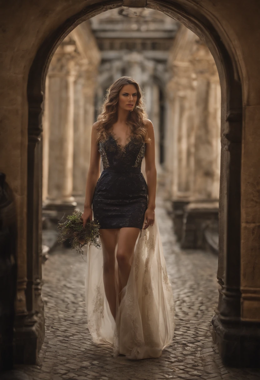 High-resolution illustrations, unrivalled masterpiece, ultra-realistic 8k CG, perfect artwork, (fidelity: 1.5), Photography study, British royalty, ((night)), cloudy, ((young British royalty woman)), (((solo))), wet hair, brown hair, curly hair, blue eyes, huge tits, big ass, natural makeup, ((Gucci Dress, high heels)), character in the middle, standing, background study