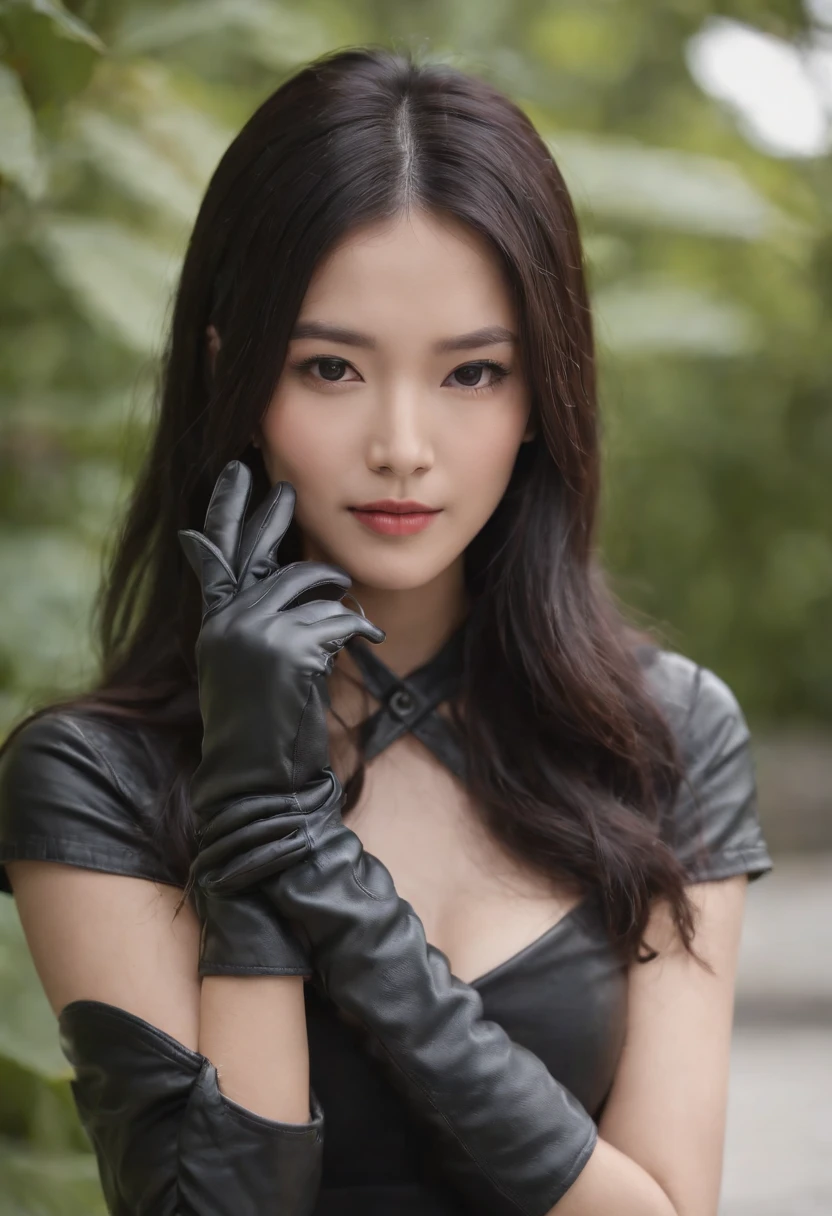 Short black leather gloves with fingers on both hands Black leather bikini Black leather long boots long straight black hair Young japanese lady Swimsuit Navel out