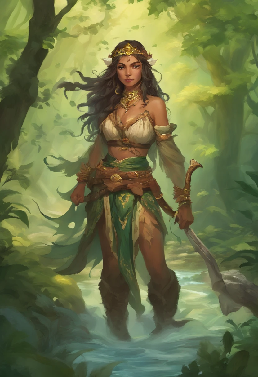 Mulher com a metade do corpo cobra, Pelos de trepadeiras cheias de folhas verdes, olhos iguais de gato, unhas afiadas , boca grande e com os seios nus, orelha pontuda, exotic and beautiful body, Swamp scenery