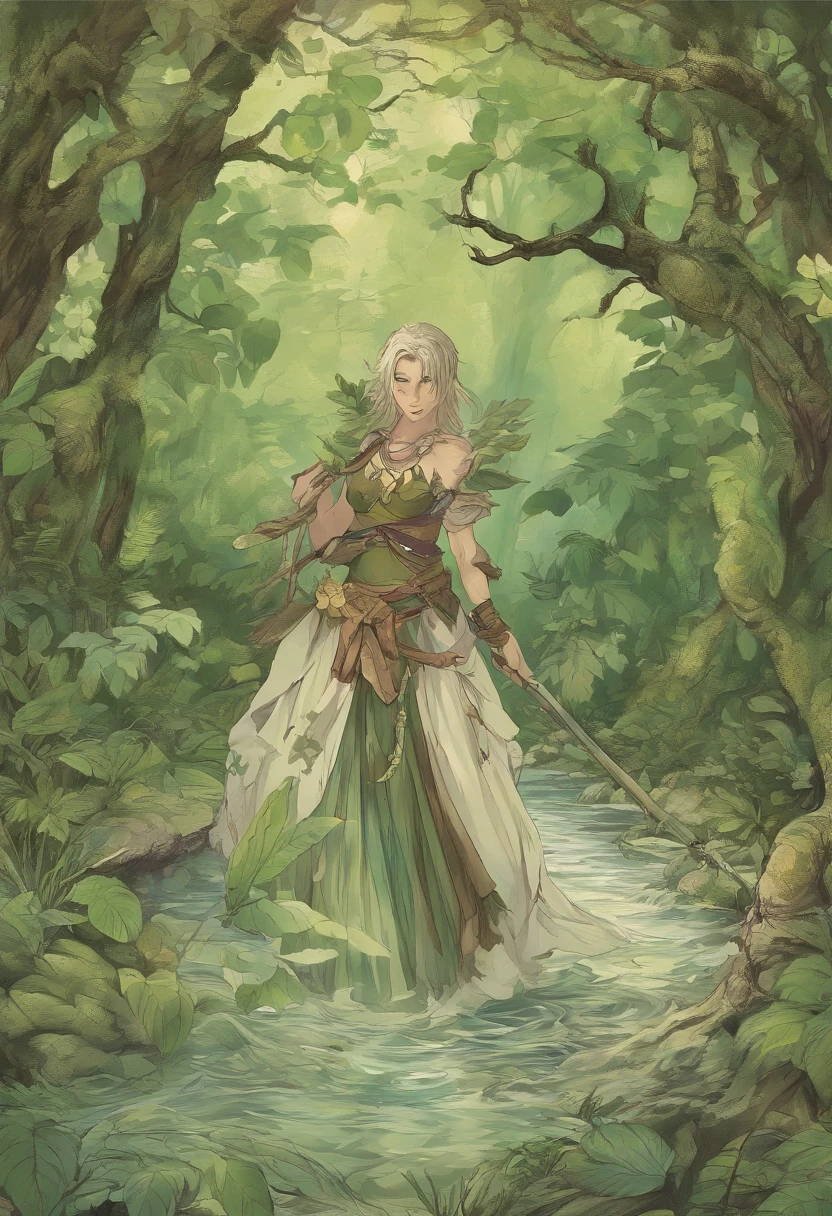 Mulher com a metade do corpo cobra, Pelos de trepadeiras cheias de folhas verdes, olhos iguais de gato, unhas afiadas , boca grande e com os seios nus, orelha pontuda, exotic and beautiful body, Swamp scenery