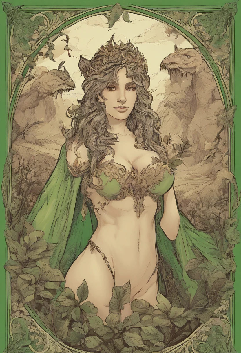 Mulher com a metade do corpo cobra, Pelos de trepadeiras cheias de folhas verdes, olhos iguais de gato, unhas afiadas , boca grande e com os seios nus, orelha pontuda, exotic and beautiful body, Swamp scenery