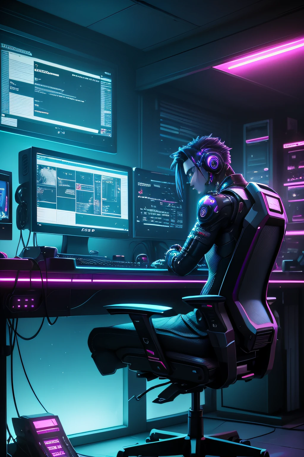 a dimly lit computer lab with lots of monitors and a keyboard, cyberpunk setting, Cyber punk configuration, cyber neon lighting, cyber space, cyberpunk with neon lighting, luzes cyber neon, in a cyberpunk themed room, interior cyberpunk, Gamer screen on metal table, cyber aesthetic, Cybernetic style, computador sci-fi, cyber background, cyber installation, console e computador, rUm robot de brinquedo, imerso em uma sala escura cheia de telas de computador brilhantes e hologramas flutuantes., cyberpunk aesthetics, action movie shot by Kon Satoshi, estilo Semi Impasto, pintura fosca, atmospheric, brilhante, lighting dramatic