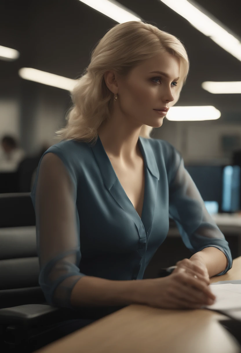 Slender, young, short blonde hair, blue eyes, in office with desk, natural skin texture, 24mm, 4K textures, soft cinematic light, RAW photography, photorealistic, photorealistic, complex, elegant, highly detailed, sharp focus, (((cinematic look))), calm Tone, Insane Detail, Complex Detail, Ultra Detail, High Contrast, Soft Cinematic Light, Dim Colors, Exposure Blending, HDR, Faded, Cold, Waist Thin, Well-Proportioned, (8k, 4k, Top Quality, Hi-Res: 1.1), (Realistic, Photorealistic: 1.1), Twin Tails, Blonde Hair, Bangs, Long Hair, Necklace, Earrings, Lips, Eye Shadow, Jewelry, Spaghetti Straps, Detail, High Contrast, from_side, stunning complex full color, wearing business clothes, full body, spectacular character composition, sharp focus, natural light, sub-surface scatter, f2, 35mm, film grain, office room with desk