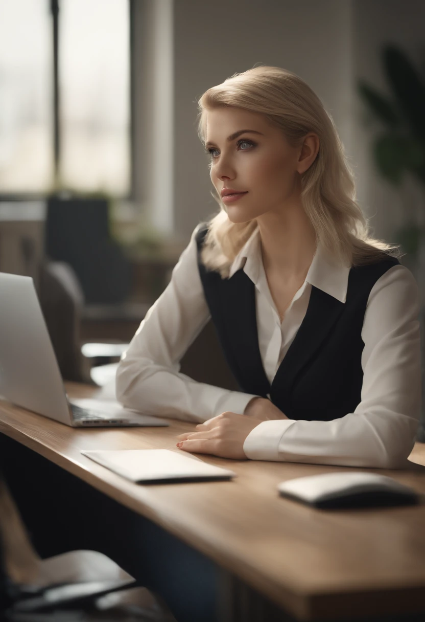 Slender, young, short blonde hair, blue eyes, in office with desk, natural skin texture, 24mm, 4K textures, soft cinematic light, RAW photography, photorealistic, photorealistic, complex, elegant, highly detailed, sharp focus, (((cinematic look))), calm Tone, Insane Detail, Complex Detail, Ultra Detail, High Contrast, Soft Cinematic Light, Dim Colors, Exposure Blending, HDR, Faded, Cold, Waist Thin, Well-Proportioned, (8k, 4k, Top Quality, Hi-Res: 1.1), (Realistic, Photorealistic: 1.1), Twin Tails, Blonde Hair, Bangs, Long Hair, Necklace, Earrings, Lips, Eye Shadow, Jewelry, Spaghetti Straps, Detail, High Contrast, from_side, stunning complex full color, wearing business clothes, full body, spectacular character composition, sharp focus, natural light, sub-surface scatter, f2, 35mm, film grain, office room with desk