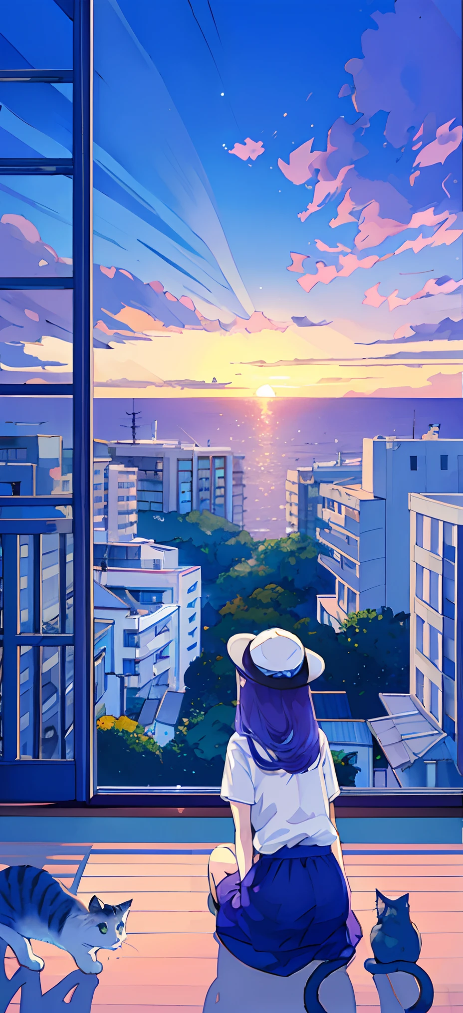 Blue T-shirt、wearing a white hat、((Cats))、A city by the sea、cute little、Looks Back、in 8K、large filesize、When you're watching your audience、 Overlooking the cityscape、mid night,the detail、Long hair,PastelColors、Purple hair