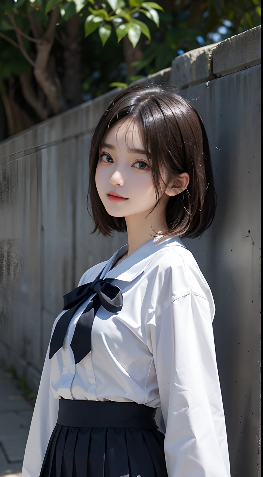 masterpiece, 1 beautiful girl, A detailed eye, Swollen eyes, top-quality, 超A high resolution, (reality: 1.4), 电影灯光, japanes, Trendy Korean Cosmetics、a asian beauty, very extremely beautiful, Beautiful skins, A slender, Forward-facing body, (A hyper-realistic), (hight resolution), (8K), (ighly detailed), ( Best Illustration), (beautifully detailed eyes), (ultra-detailliert), (wall-paper), 详细的脸, Bright lighting, Professional Lighting, looking at the viewers, Facing straight ahead、short-hair、Neat and clean clothing、background slightly blurred、Hair color is black、Hair color is partially bright blue、Japanese high school girl、School Uniforms、Amazing smile、Eye color is brown、