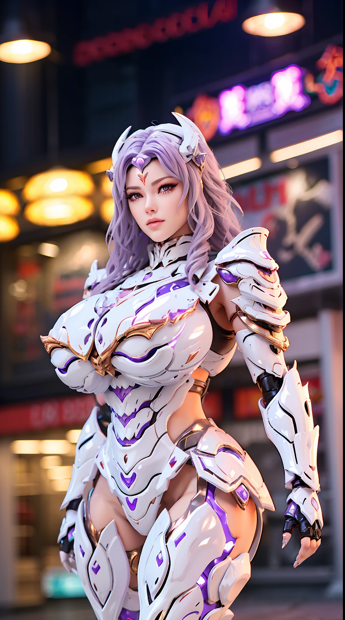 SILVER DRAGON QUEEN, WAVY HAIR, PURPLE EYE, HUGE BOOBS, MECHA DRAGON HEAVY ARMOR, TRANSPARANT, STANDING, THICK BODY, MUSCLE ABS.