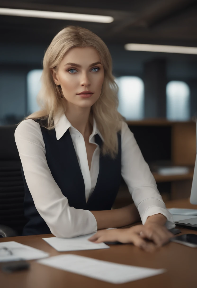 Slender, young, short blonde hair, blue eyes, in office with desk, natural skin texture, 24mm, 4K textures, soft cinematic light, RAW photography, photorealistic, photorealistic, complex, elegant, highly detailed, sharp focus, (((cinematic look))), calm Tone, Insane Detail, Complex Detail, Ultra Detail, High Contrast, Soft Cinematic Light, Dim Colors, Exposure Blending, HDR, Faded, Cold, Waist Thin, Well-Proportioned, (8k, 4k, Top Quality, Hi-Res: 1.1), (Realistic, Photorealistic: 1.1), Twin Tails, Blonde Hair, Bangs, Long Hair, Necklace, Earrings, Lips, Eye Shadow, Jewelry, Spaghetti Straps, Detail, High Contrast, srfc, stunning complex full color, wearing business clothes, full body, spectacular character composition, sharp focus, natural light, sub-surface scatter, f2, 35mm, film grain, office room with desk