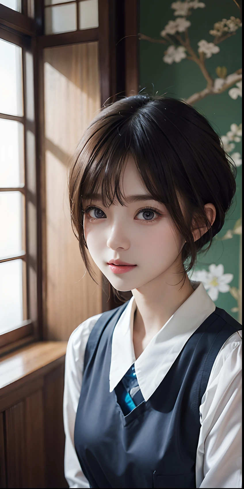 masterpiece, 1 beautiful girl, A detailed eye, Swollen eyes, top-quality, 超A high resolution, (reality: 1.4), 电影灯光, japanes, Trendy Korean Cosmetics、a asian beauty, very extremely beautiful, Beautiful skins, A slender, Forward-facing body, (A hyper-realistic), (hight resolution), (8K), (ighly detailed), ( Best Illustration), (beautifully detailed eyes), (ultra-detailliert), (wall-paper), 详细的脸, Bright lighting, Professional Lighting, looking at the viewers, Facing straight ahead、a pixie cut、Neat and clean clothing、background slightly blurred、Hair color is black、Hair color is partially bright blue、Japanese high school girl、School Uniforms、Amazing smile、Eye color is brown、