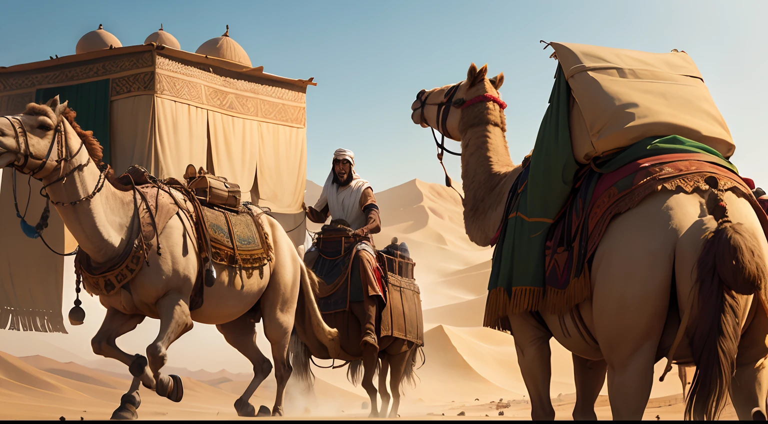 Arab merchant, in an ancient time, riding an elderly camel, in the Arabian desert, encountering a caravan of camel traders.