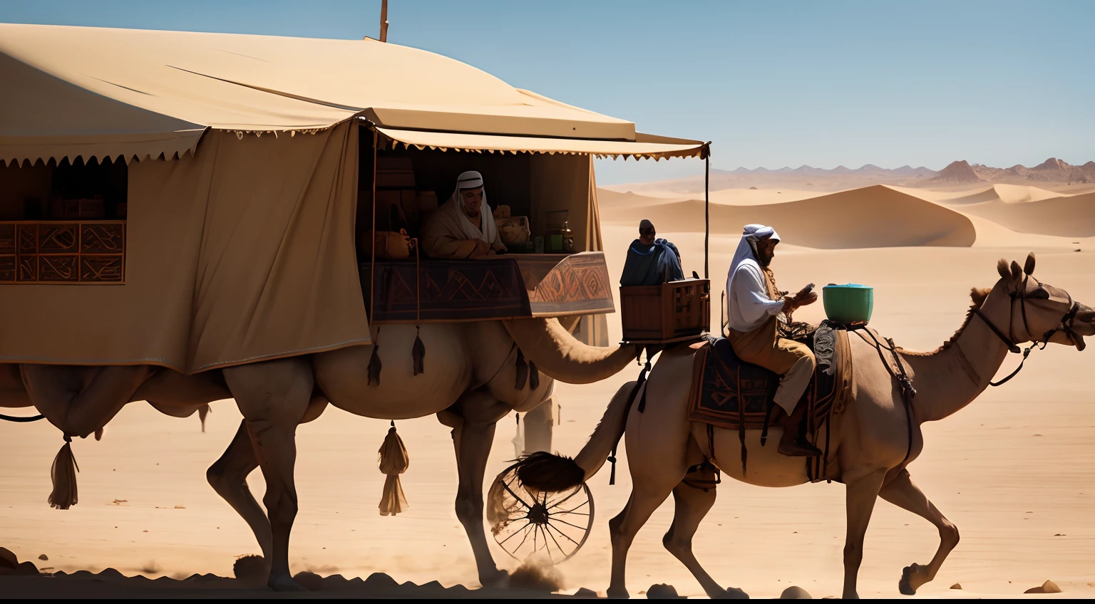 Arab merchant, in an ancient time, riding an elderly camel, in the Arabian desert, encountering a caravan of camel traders.