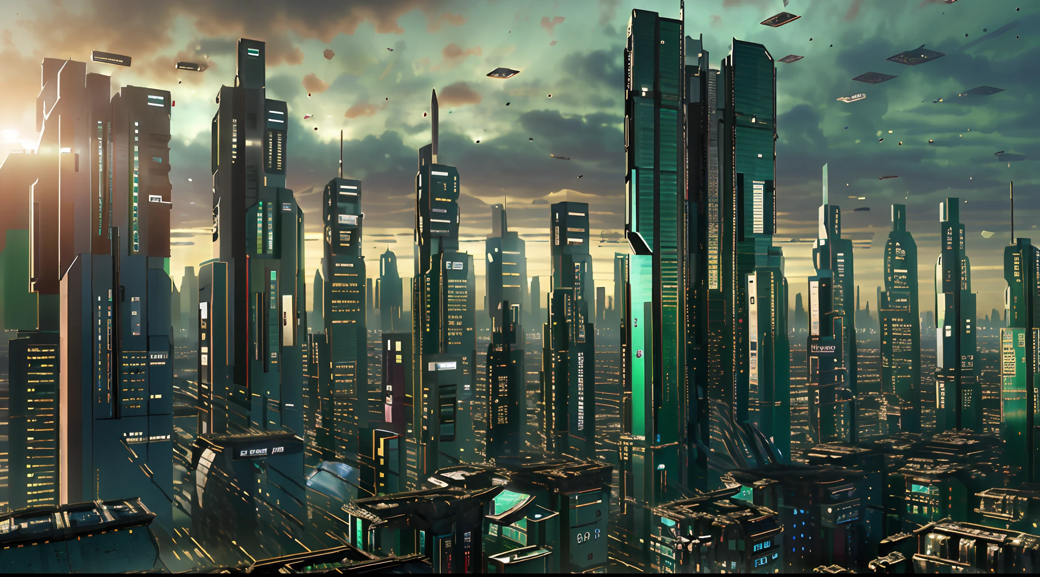 ((a cityscape view of a futuristic sci fi mega sprawling city)), ominous, dystopian city, masterpiece, 4k resolution, (flawless architecture), atmospheric, nature taking over city,