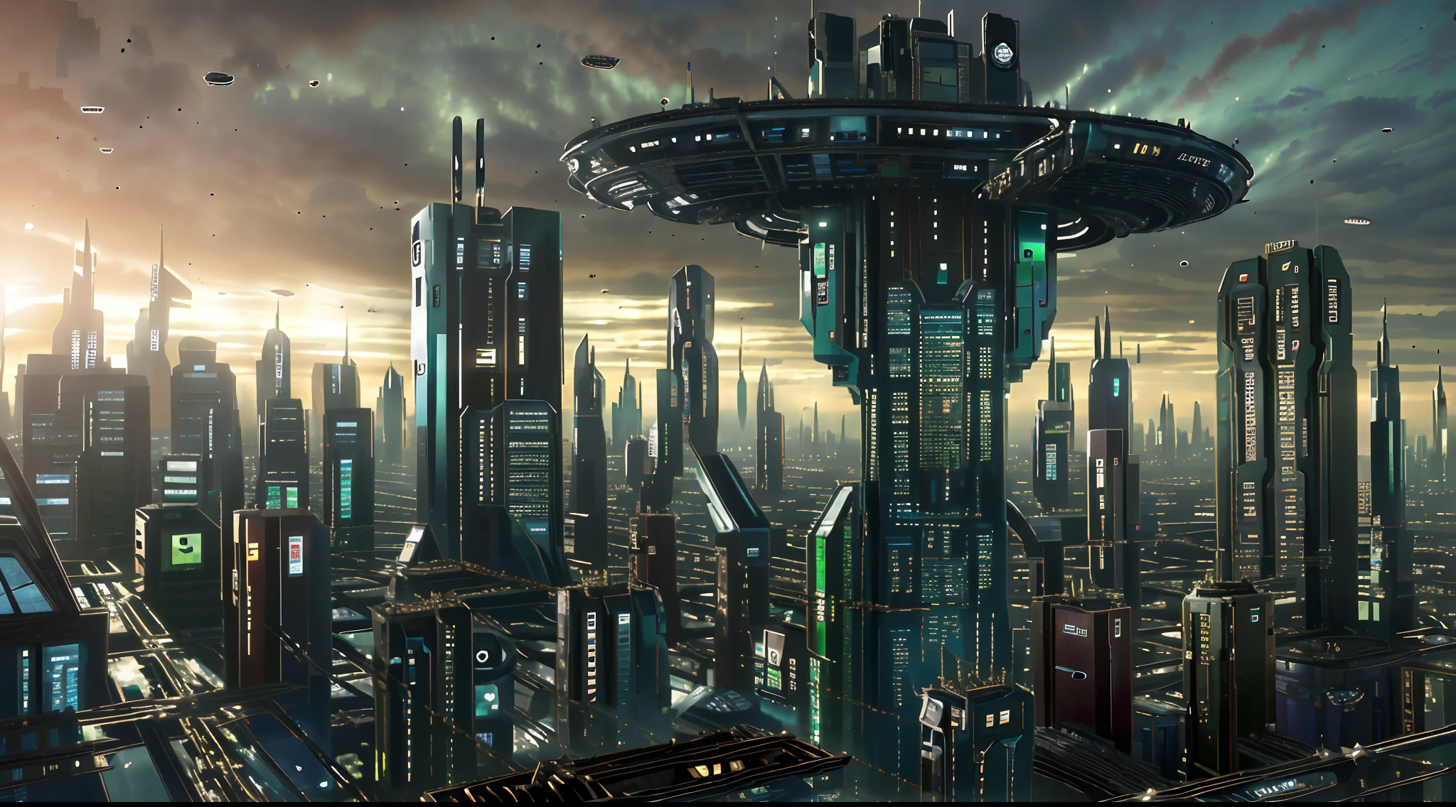 ((a cityscape view of a futuristic sci fi mega sprawling city)), ominous, dystopian city, masterpiece, 4k resolution, (flawless architecture), atmospheric, nature taking over city,