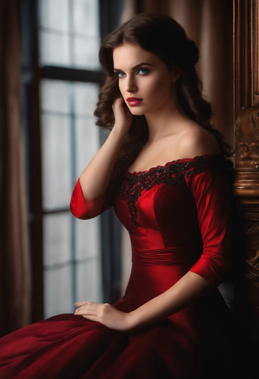 (((medium full shot))), (best quality, ultra-detailed:1.3), (nice hands, perfect hands), official art, cinematic light, (European beautiful young girl:1.3), (otherworldly), RAW photo, (wearing a luxurious red gown:1.3), sitting on a table in a glamorous restaurant, long-shot ruins, building, window frame, cracked window, wall corner, upturned, abandoned, metal, industrial, fence, moody, cracked mud, urban, canalside
