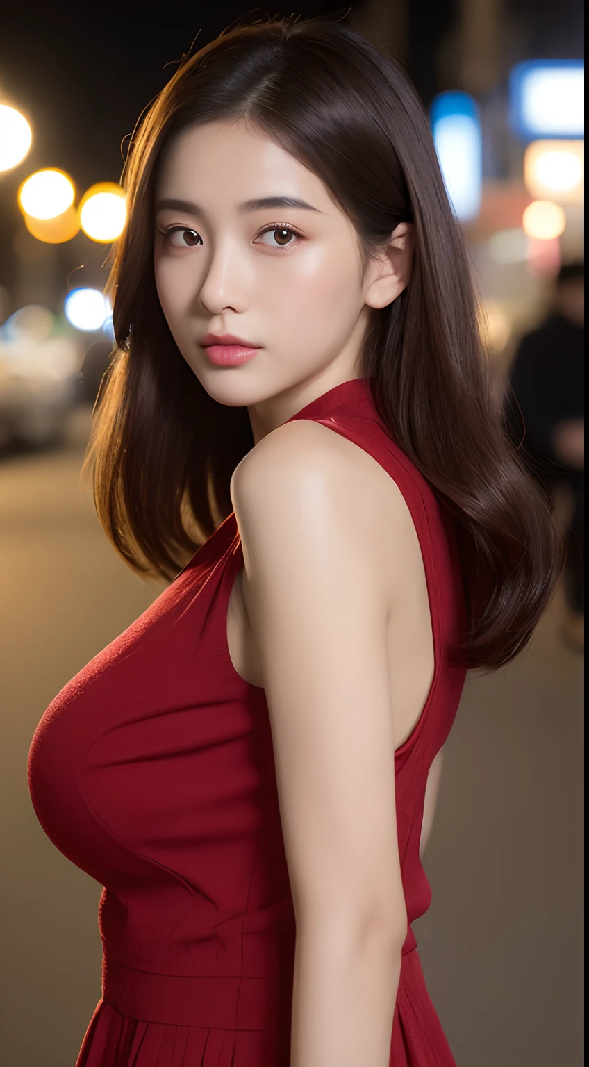 ((top-quality、8K、​masterpiece、:1.3))、1girl in、Amazing beauty，full body Esbian、Slim Faces、Pretty women、(dark brown hair)、qipao dress:1.1、Super Detailed Face、detailedeyes、二重まぶた、blurry backround、Slim Faces、nighttime scene、appearance、Street、raw,Back，The upper part of the body，raw,Back，Colossal tits