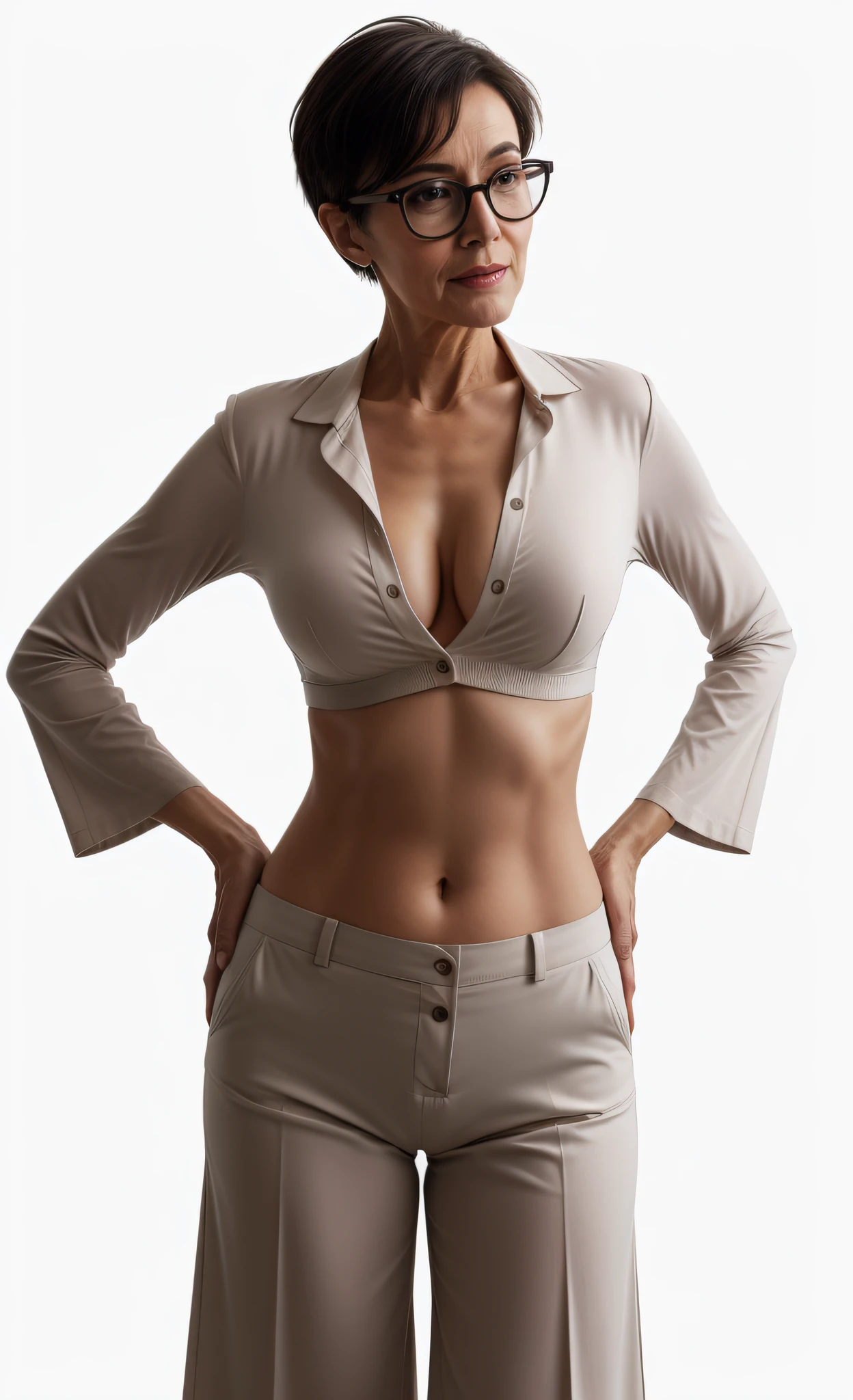 overly succinct clothed bespectacled cheeky aged elderly older mature nerd self-confident lady boss brazenly wears unbuttoned ivory fit stretched overly skimpy midriff-shirt with tall neck and short sleeves and with deep unglued V-neck pinned by one only button, extremely low rise wide leg ivory green trousers, short shaved mature French madam dark hair-cut, drop-shaped overly big deep belly-button, exceedingly broad sultry hips! hourglass slim mature skinny toned figure!