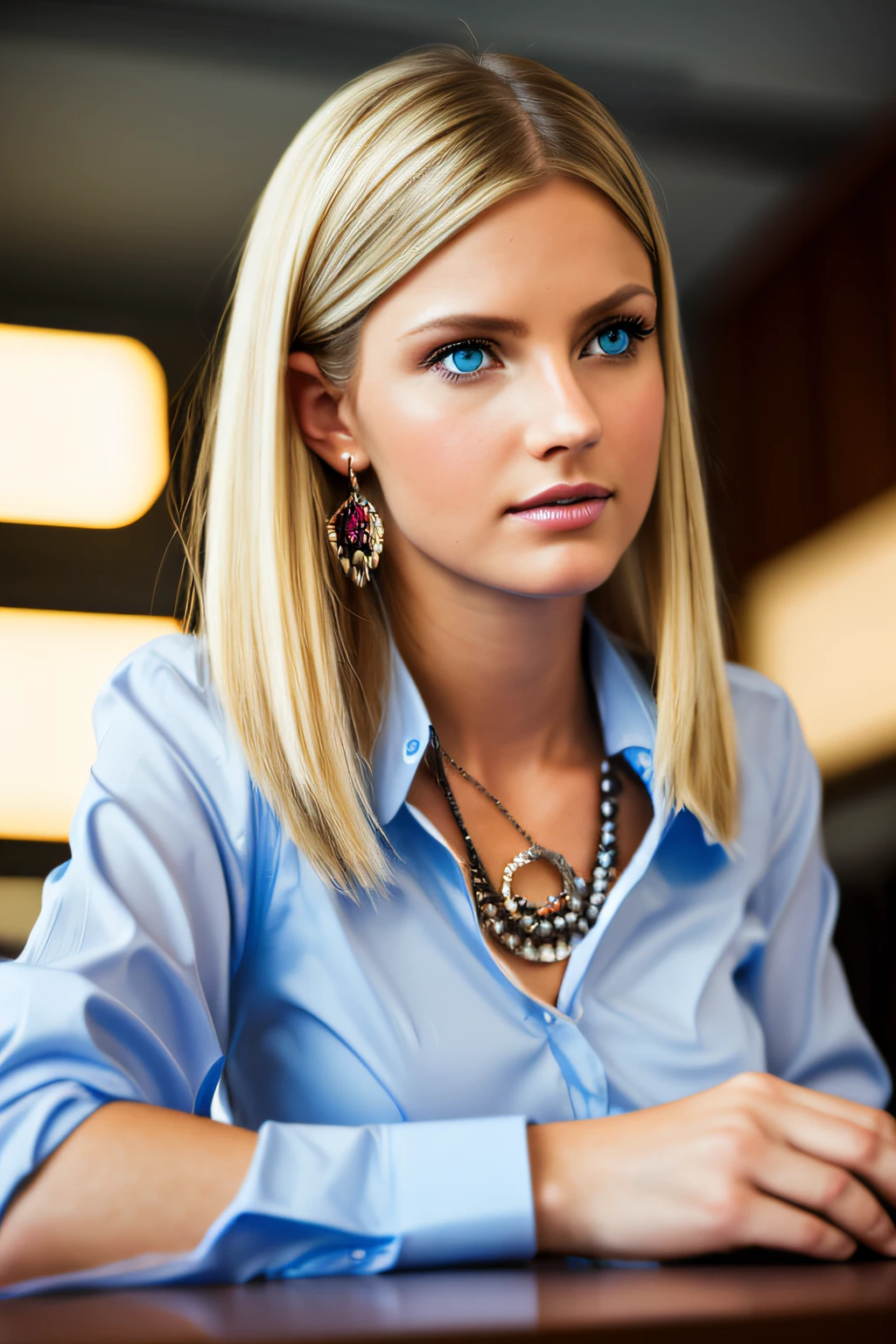 Slender, young, short blonde hair, blue eyes, in office with desk, natural skin texture, 24mm, 4K textures, soft cinematic light, RAW photography, photorealistic, photorealistic, complex, elegant, highly detailed, sharp focus, (((cinematic look))), calm Tone, Insane Detail, Complex Detail, Ultra Detail, High Contrast, Soft Cinematic Light, Dim Colors, Exposure Blending, HDR, Faded, Cold, Waist Thin, Well-Proportioned, (8k, 4k, Top Quality, Hi-Res: 1.1), (Realistic, Photorealistic: 1.1), Twin Tails, Blonde Hair, Bangs, Long Hair, Necklace, Earrings, Lips, Eye Shadow, Jewelry, Spaghetti Straps, Detail, High Contrast, from_side, stunning complex full color, wearing business clothes, full body, spectacular character composition, sharp focus, natural light, sub-surface scatter, f2, 35mm, film grain, office room with desk