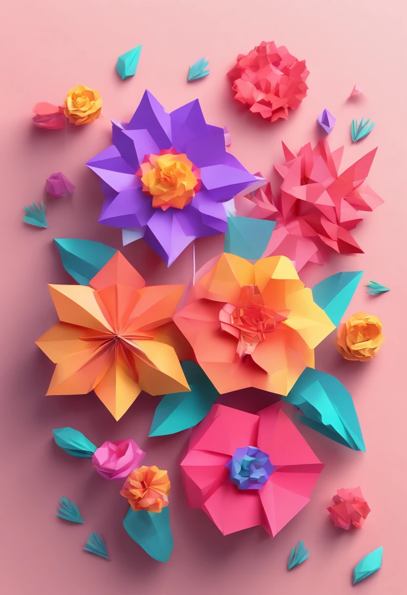 Flowers, Paper Cutting Art Style, Neon color candies, simple, stylish, Bright, empty space, ..3d, redshift, Arnold's renderer, high detail, hiquality, 8K