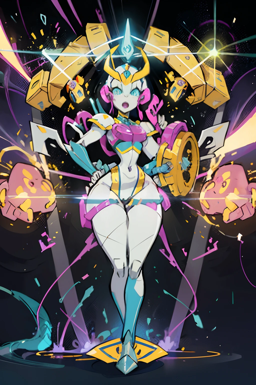 Cartoon photo of woman in yellow and white costume, hot robot humanoid woman, Guyver style, SFW version, seductive figure, scarab reploid, bellows tail, cel shade adult animation, alien queen, serpentine pose, sexy toon, very cute face, shiny eyes