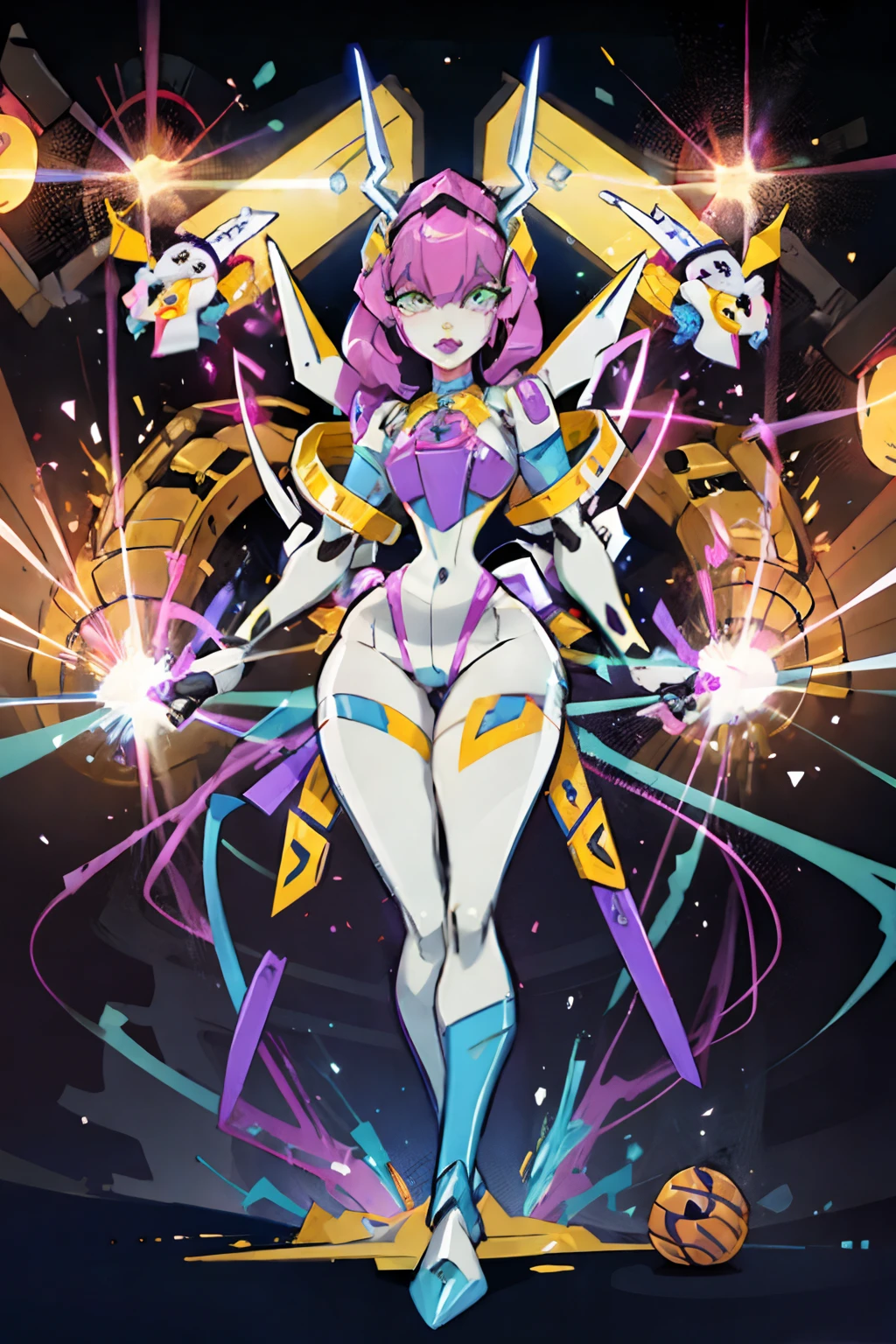 Cartoon photo of woman in yellow and white costume, hot robot humanoid woman, Guyver style, SFW version, seductive figure, scarab reploid, bellows tail, cel shade adult animation, alien queen, serpentine pose, sexy toon, very cute face, shiny eyes