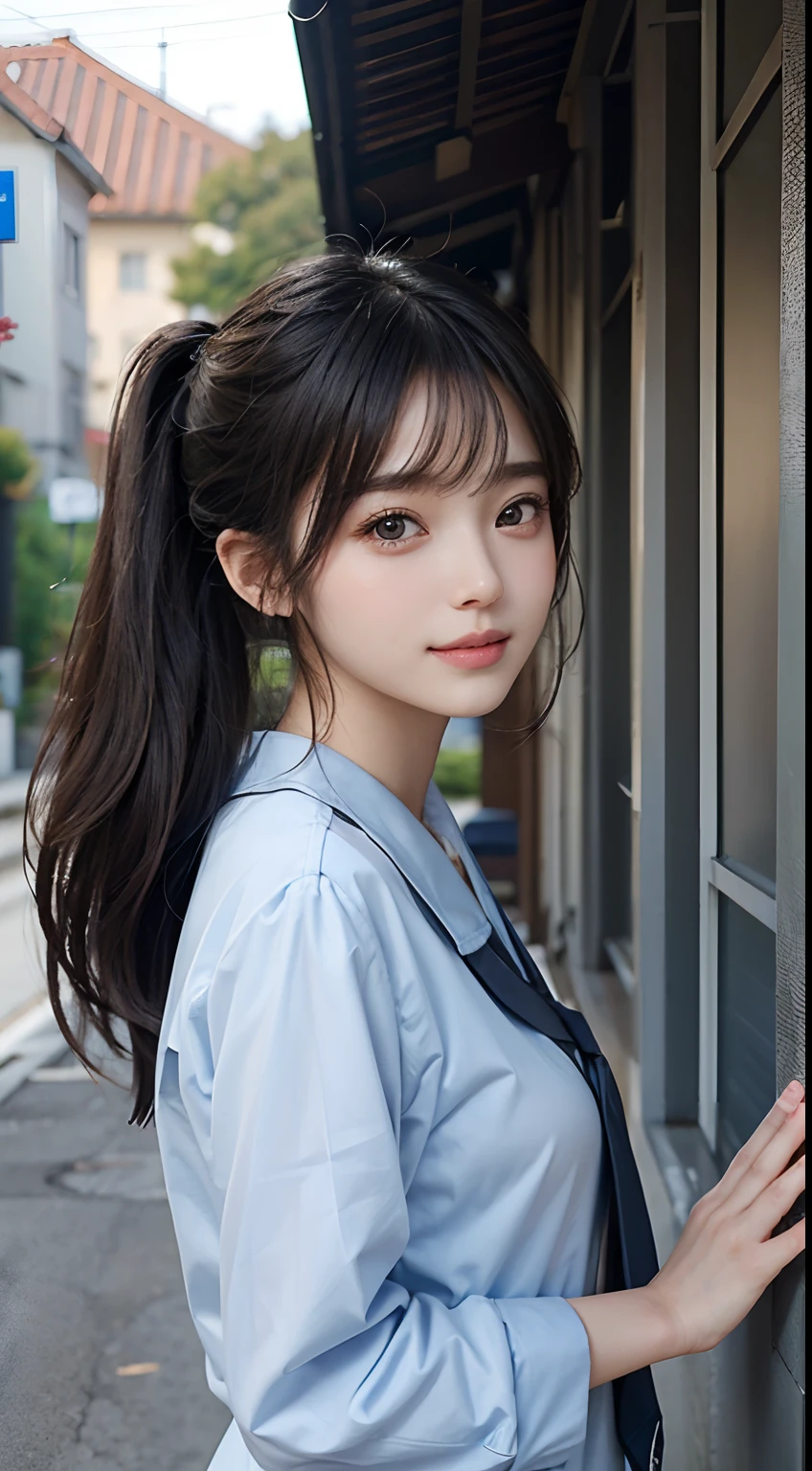 masterpiece, 1 beautiful girl, A detailed eye, Swollen eyes, top-quality, 超A high resolution, (reality: 1.4), 电影灯光, japanes, Trendy Korean Cosmetics、a asian beauty, very extremely beautiful, Beautiful skins, A slender, Forward-facing body, (A hyper-realistic), (hight resolution), (8K), (ighly detailed), ( Best Illustration), (beautifully detailed eyes), (ultra-detailliert), (wall-paper), 详细的脸, Bright lighting, Professional Lighting, looking at the viewers, Facing straight ahead、Long、Neat and clean clothing、background slightly blurred、Hair color is black、Hair color is partially bright blue、Japanese high school girl、School Uniforms、Amazing smile、Eye color is brown、High ponytail