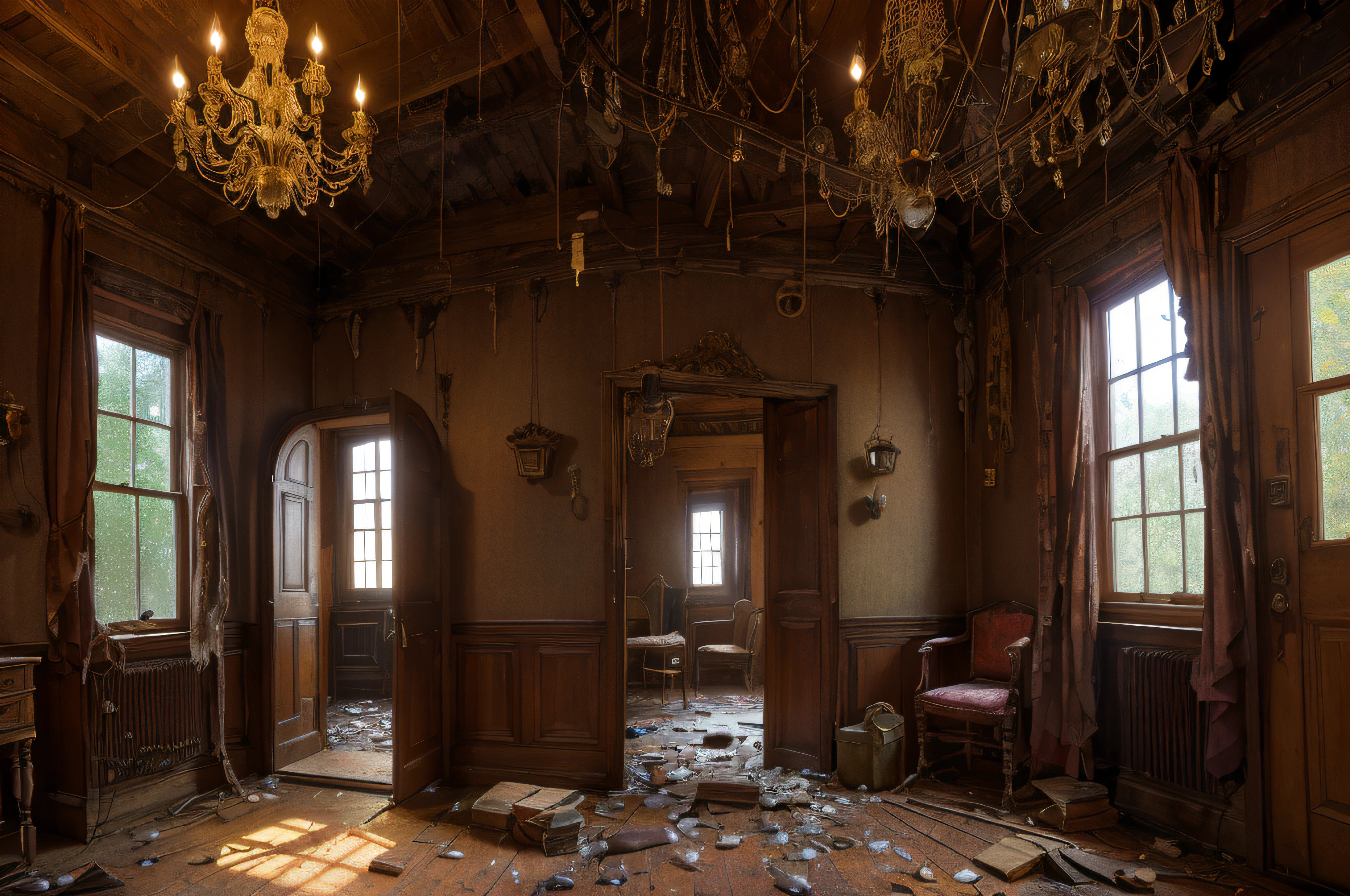 (a)horror,mysterious,old house,inside,wooden stairs,(best quality,4k,8k,highres,masterpiece:1.2),ultra-detailed,(realistic,photorealistic,photo-realistic:1.37),dark atmosphere,cobwebs,dusty furniture,creaky floorboards,creeping shadows,hauntingly quiet,eerie whispers,subtle flickering candlelight,sinister portraits,hidden doorways,hidden treasures,antique objects,sudden drafts,echoing footsteps,dripping water,spiderwebs(adjacent rooms,hidden cellar,cold air,locked doors,neglected garden,cracked windows,disarray,rusted keys,shattered glass,stained walls,cobweb-choked chandeliers)