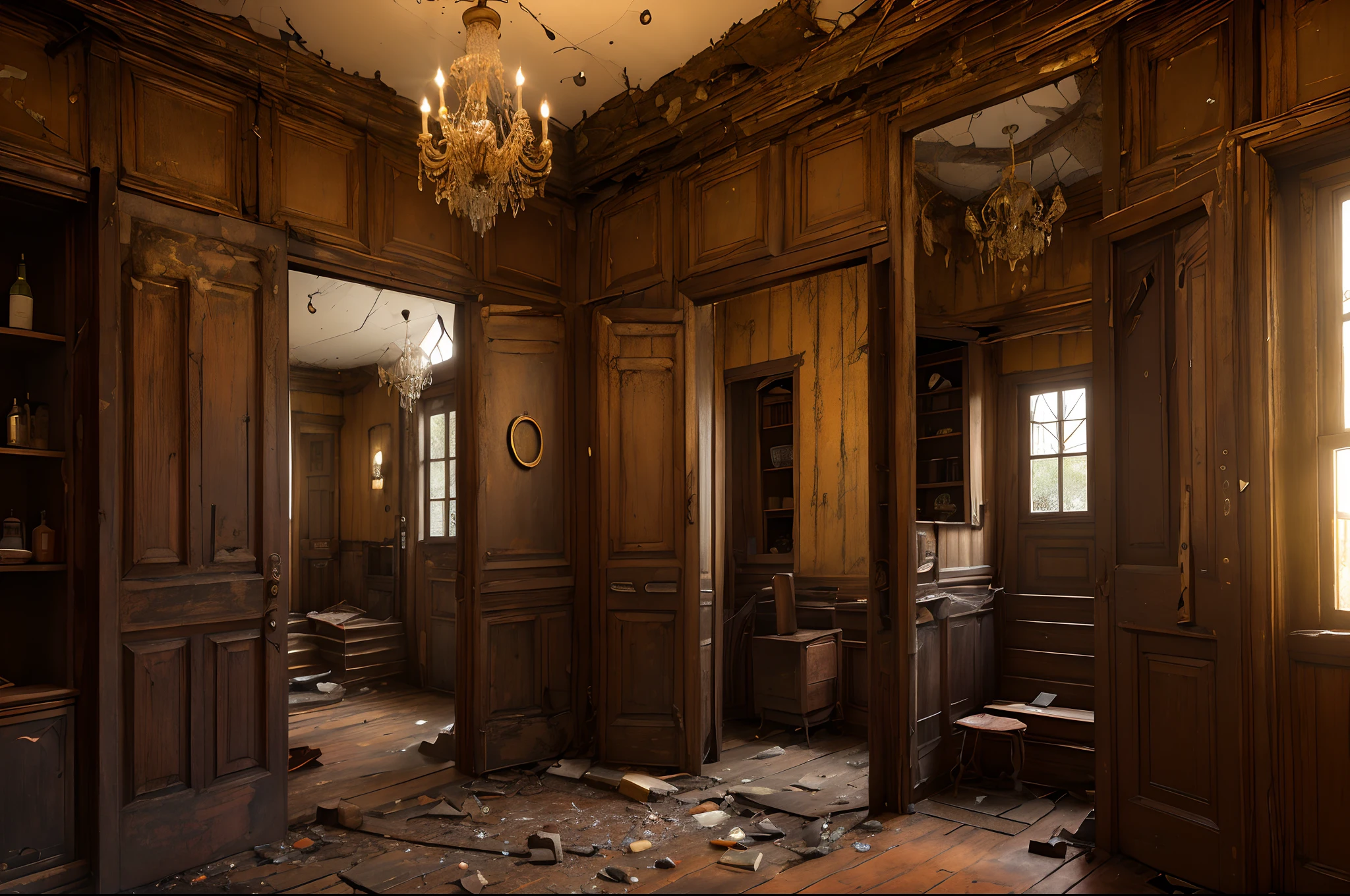 (a)horror,mysterious,old house,inside,wooden stairs,(best quality,4k,8k,highres,masterpiece:1.2),ultra-detailed,(realistic,photorealistic,photo-realistic:1.37),dark atmosphere,cobwebs,dusty furniture,creaky floorboards,creeping shadows,hauntingly quiet,eerie whispers,subtle flickering candlelight,sinister portraits,hidden doorways,hidden treasures,antique objects,sudden drafts,echoing footsteps,dripping water,spiderwebs(adjacent rooms,hidden cellar,cold air,locked doors,neglected garden,cracked windows,disarray,rusted keys,shattered glass,stained walls,cobweb-choked chandeliers)