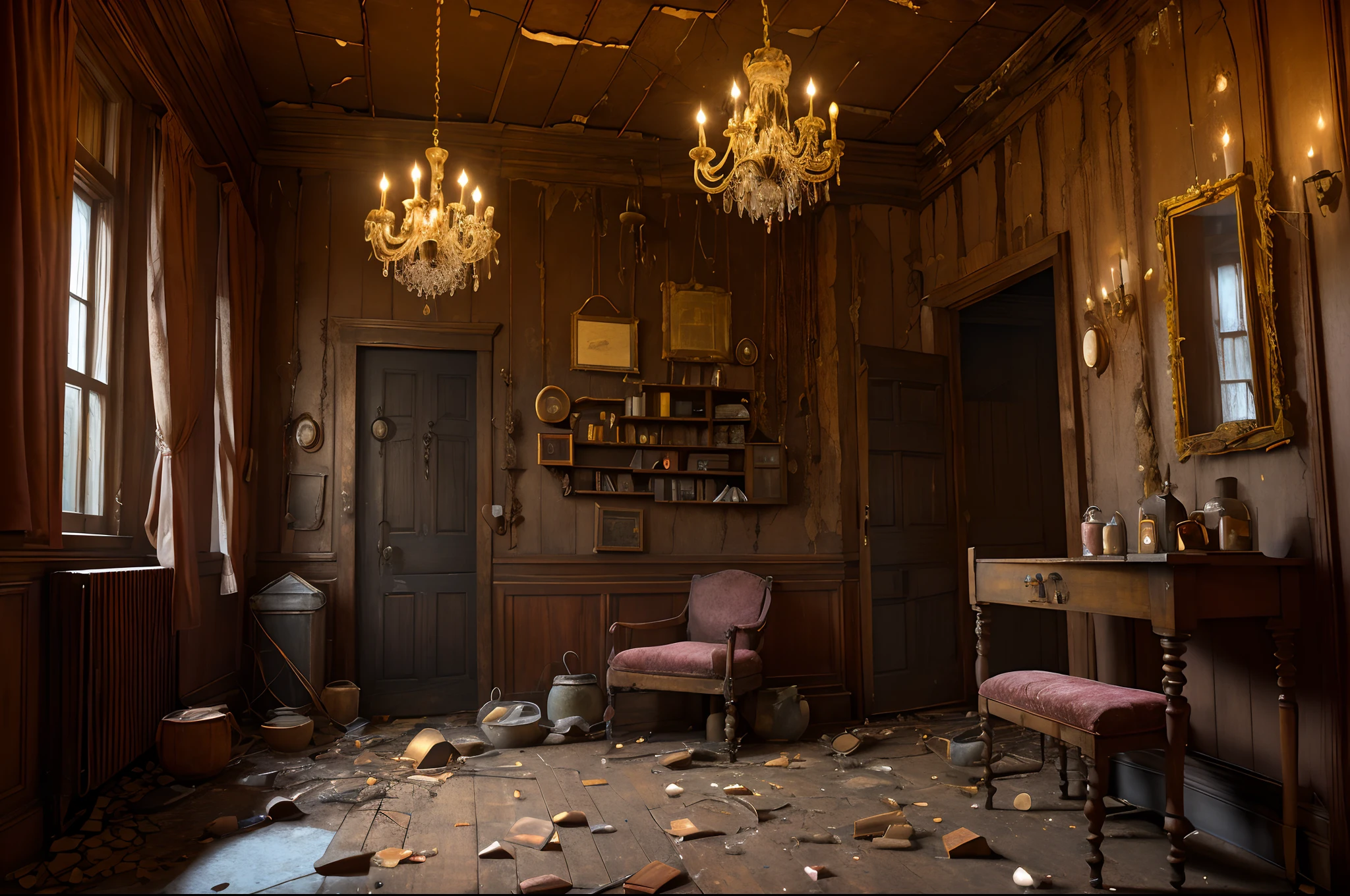 (a)horror,mysterious,old house,inside,wooden stairs,(best quality,4k,8k,highres,masterpiece:1.2),ultra-detailed,(realistic,photorealistic,photo-realistic:1.37),dark atmosphere,cobwebs,dusty furniture,creaky floorboards,creeping shadows,hauntingly quiet,eerie whispers,subtle flickering candlelight,sinister portraits,hidden doorways,hidden treasures,antique objects,sudden drafts,echoing footsteps,dripping water,spiderwebs(adjacent rooms,hidden cellar,cold air,locked doors,neglected garden,cracked windows,disarray,rusted keys,shattered glass,stained walls,cobweb-choked chandeliers)