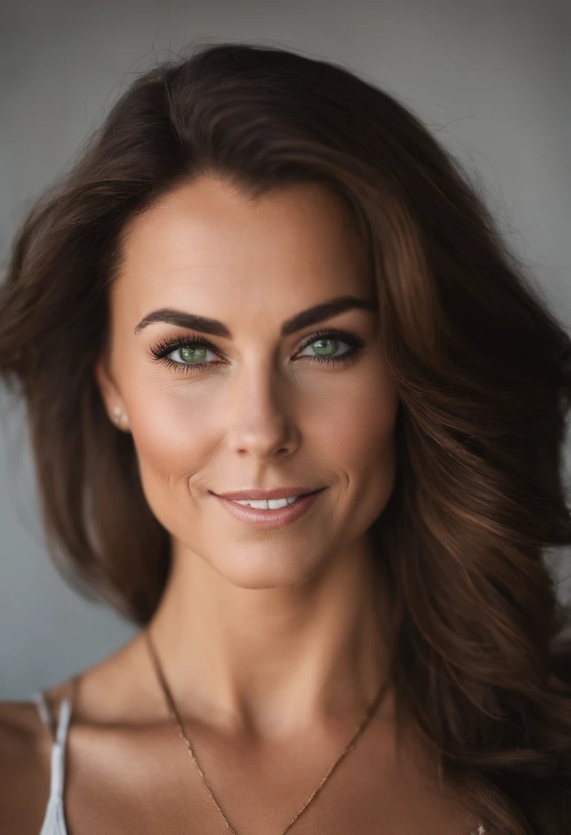 Arafed woman with a white tank top and necklace, fille sexy aux yeux verts, Portrait kate middleton, cheveux bruns et grands yeux, selfie of a young woman, Yeux de chambre, Violet Myers, sans maquillage, maquillage naturel, looking straight at camera, Visage avec Artgram, Maquillage subtil, stunning closeup-headshot, piercing green eyes