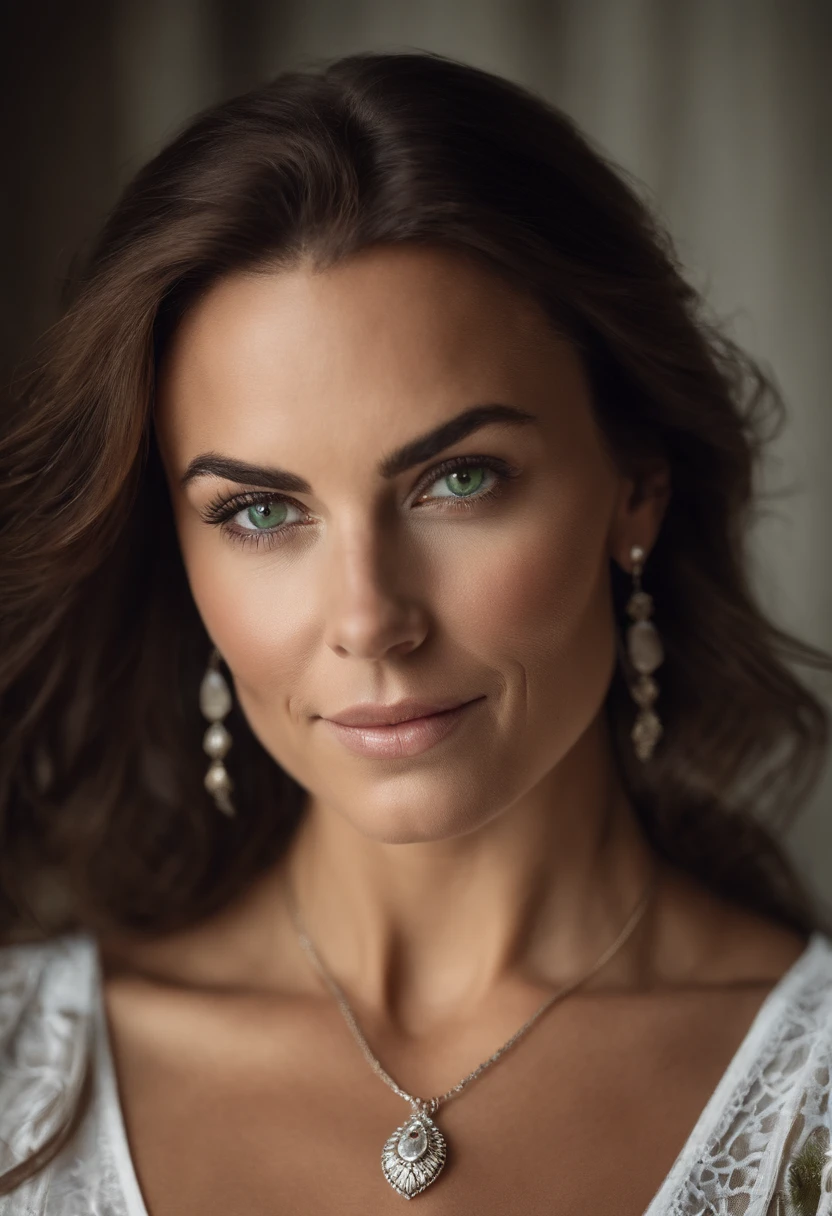 Arafed woman with a white tank top and necklace, fille sexy aux yeux verts, Portrait kate middleton, cheveux bruns et grands yeux, selfie of a young woman, Yeux de chambre, Violet Myers, sans maquillage, maquillage naturel, looking straight at camera, Visage avec Artgram, Maquillage subtil, stunning closeup-headshot, piercing green eyes