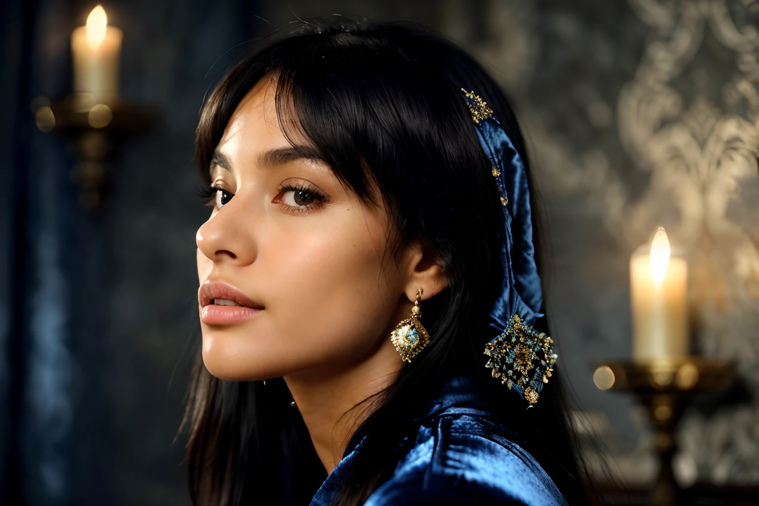 solo woman, close-up profile in front of blue velvet drapery, (highest quality fabric velvet texture), lush blue drapery, solo , close-up picture, film quality, dark skinned woman in profile, she's in deep darkness ,accent candlelight, gorgeous rembranndt like lighting, (Rembrandt patch), (highest quality fabric velvet texture), blue drapery flowing background, silky long dark hair, hair bangs to her eyes, every detail,Fine facial features, Masterpiece – Masterpiece ○○ quality – ○○ quality best quality(Highest Quality) , solo female, High quality (hiquality)　etc ○○ detailed – ○○ details ultra detailed(Ultra-fine ), Photorealistic, Extremely detailed(Extremely detailed) , Finely detailed(Fine-grained), (highest detail skin texture peachfuzz earlobe realistic)　etc ○○ res – ○○ resolution ultra high res(A high resolution) , very high texture res(light resolution), Realistic – Realistic Photorealistic – photorealistic beautiful – beautiful 4k , 8K, ancient sexuality, close and intimate,