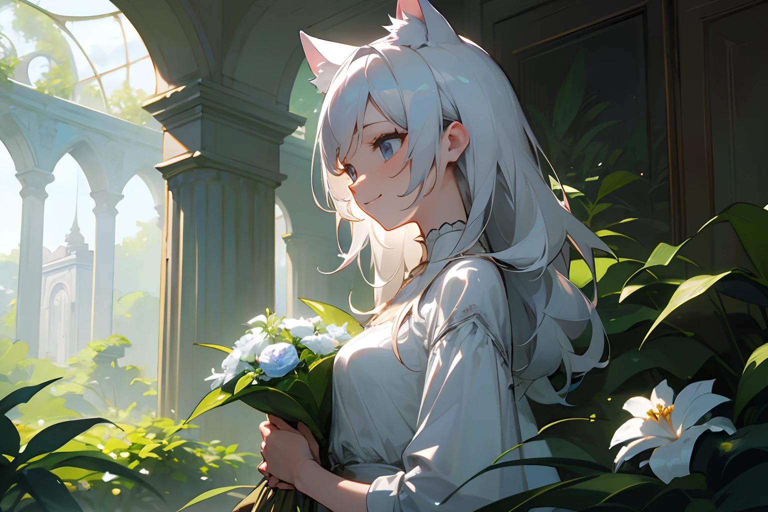 ((masuter piece、top-quality、16K))、from side, textured skin, cinematic lighting, (Very unkempt disheveled medium hair、Very happy smile、Slender small breasts、holding a bouquet of flowers with both hands), Luxury white shirt with beautiful decoration、Beautiful breasts、Cat ears, pale silver hair、Big eyes、Cute Beautiful Girl、Beautiful ruins with lush vegetation and flowers、Sunny day