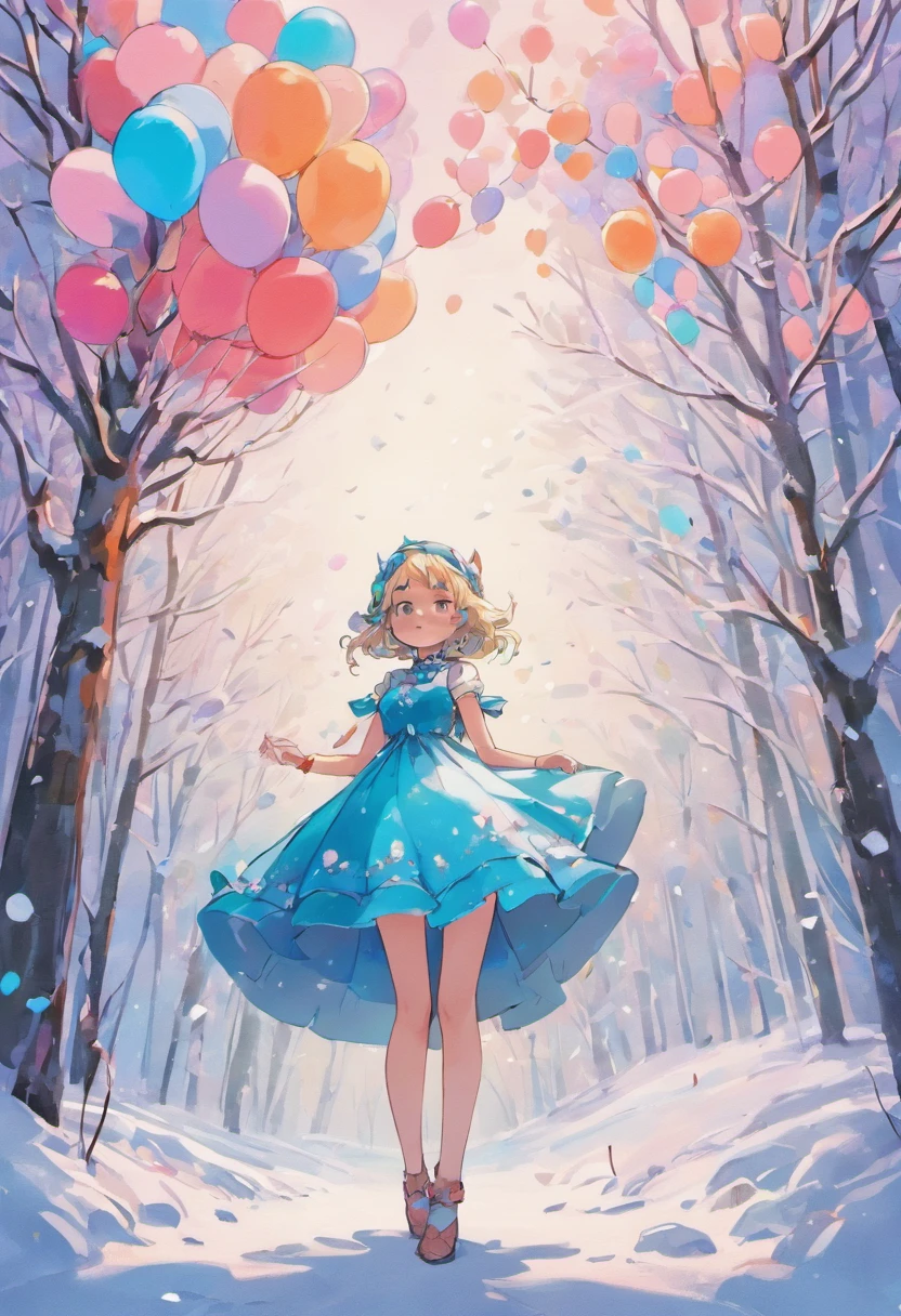 There is a girl who is standing in the snow with balloons, lots of trees, and the snow is on top of a tree, a beautiful artwork illustration, floresta nevada, stylized digital illustration, full-colour illustration, ccolorful beautiful illustration detailed digital art, arte digital bonito, 2. 5 d illustration, illustration, exquisite digital illustration, fairy-tale illustration style, dreamy illustration, High quality illustration, 2d matte illustration, esta usando vestido muito curto, fluttering dress, touca azul claro, looking at the balloons, de costa para o expectador, bunda grande, see ass through clothing