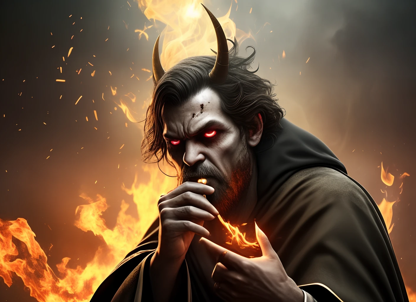 Describe a scene depicting a young mage, aged between 30 and 35, wearing a charred and weathered black robe. He has slicked-back black hair and deep black eyes that convey a dark and blasphemous aura. Bright red tattoos on his hands stand out, pulsating with sinister energy. The mage stands at the center of a glowing golden circle of transmutation that radiates intense light, cutting through the low-saturation environment. In the background, he is situated within the ruins of an ancient god with horns, now in decay and decadence. The mage's face reflects weariness and despair as he holds a lit cigarette in his mouth, leaving a trail of dark smoke in the air. The scene is stained with blood, as if something terrible has occurred there. The combination of dark elements, golden glows, and low saturation creates a unique and unsettling atmosphere in this image --auto --s2